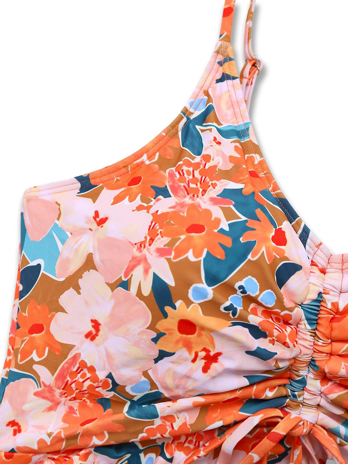 Orange 1970s Floral Drawstring Spaghetti Straps Tankini Set - Image 4