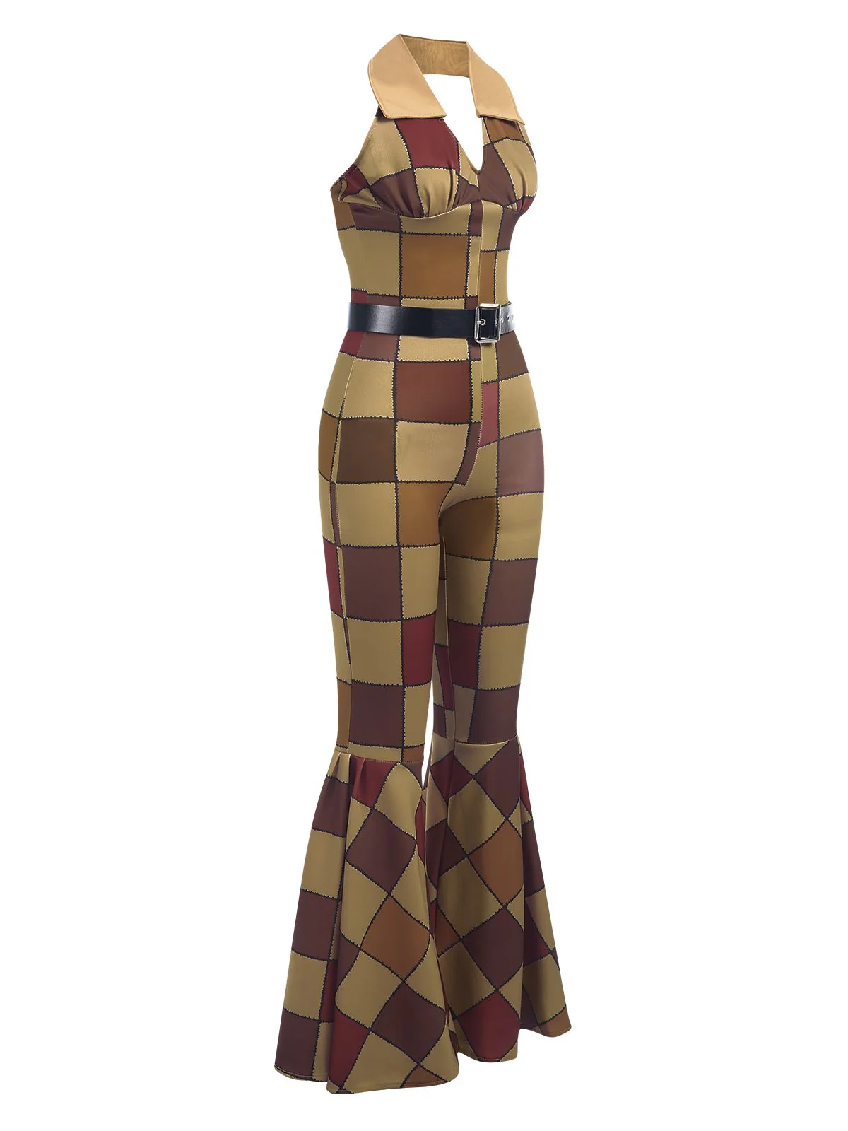 1970s Geometric Pattern Patchwork Halter Jumpsuit - Image 3