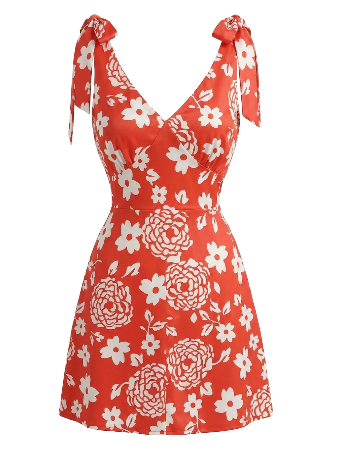Orange 1970s Floral V-Neck Tie-Strap Mini Dress - Image 2
