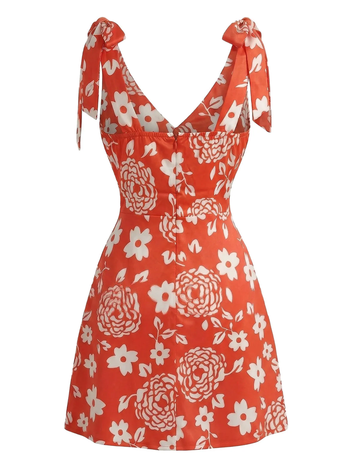 Orange 1970s Floral V-Neck Tie-Strap Mini Dress - Image 3