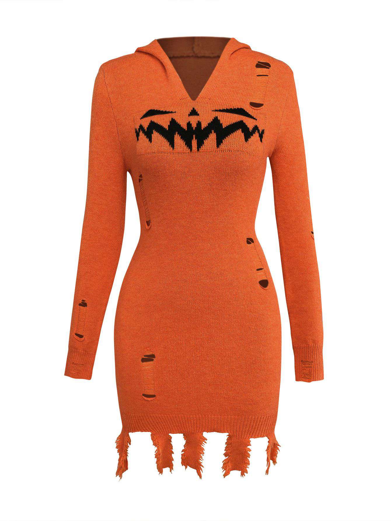 Orange 1970s Halloween Distressed Pumpkin Knit Hoodie Dress - Image 2