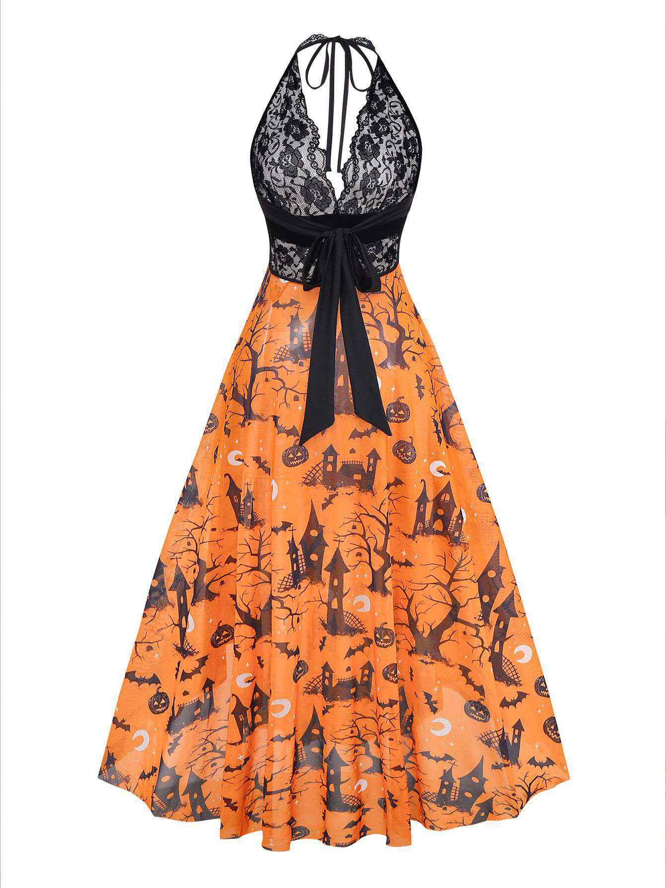 Orange 1970s Halloween Pumpkin Print Lace Halter Nightgown - Image 2
