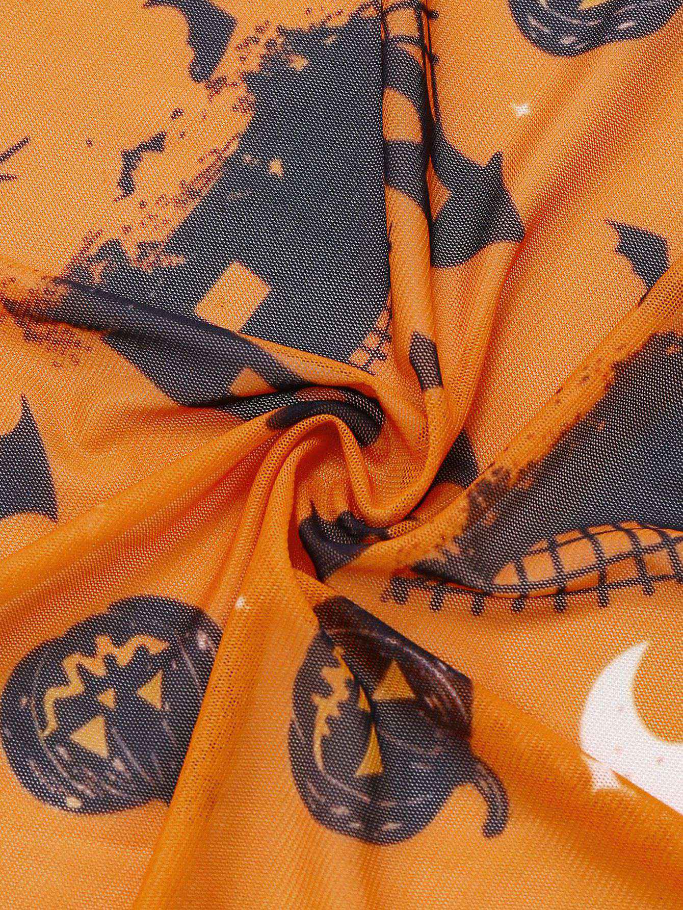 Orange 1970s Halloween Pumpkin Print Lace Halter Nightgown - Image 4