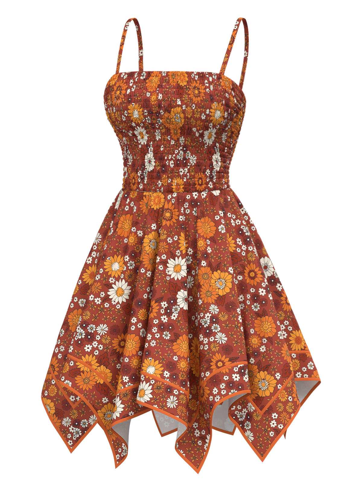 Orange 1970s Hippie Floral Irregular Hem Strap Dress - Image 2