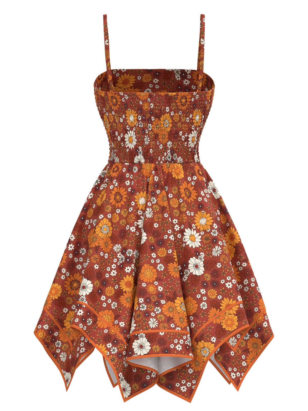 Orange 1970s Hippie Floral Irregular Hem Strap Dress - Image 3