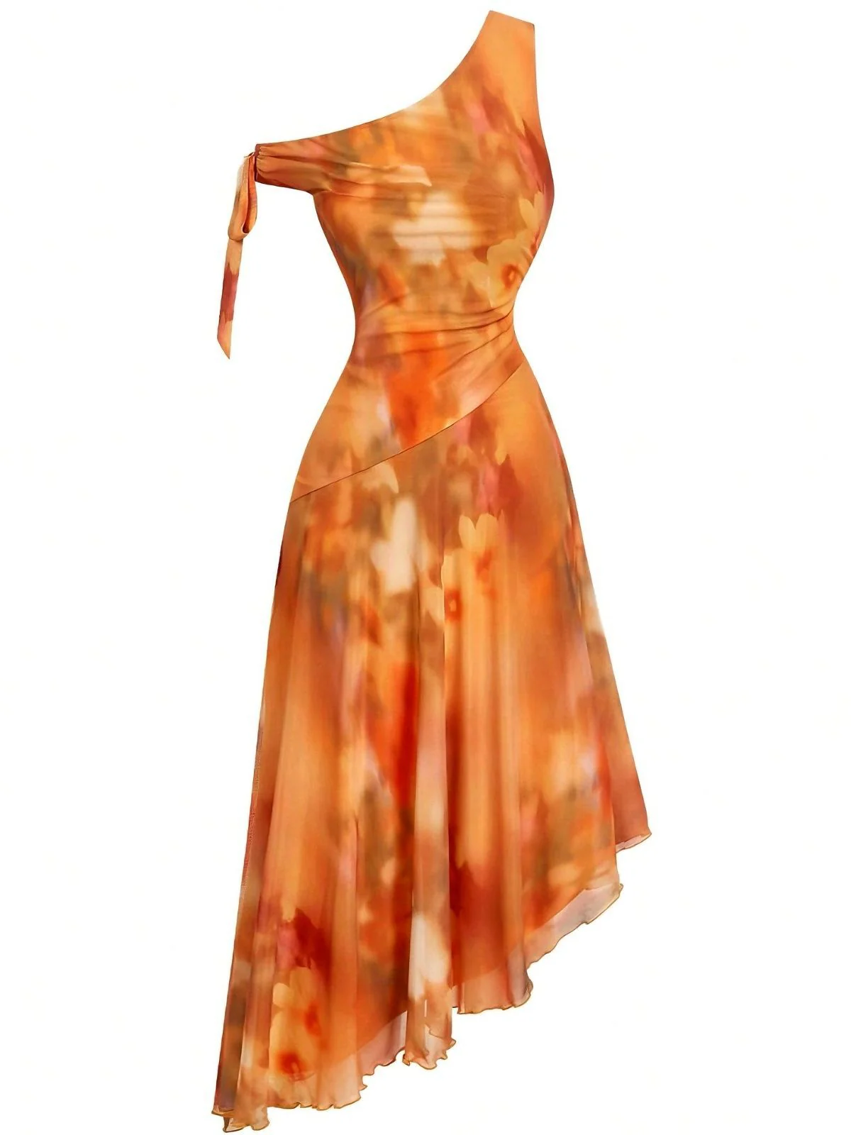 [Pre-Sale] Orange 1970s One-Shoulder Mesh Asymmetrical Hem Dress - Image 2