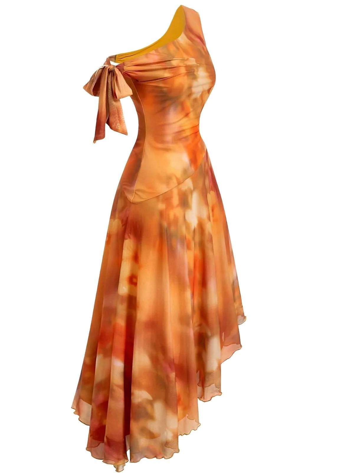 [Pre-Sale] Orange 1970s One-Shoulder Mesh Asymmetrical Hem Dress - Image 3