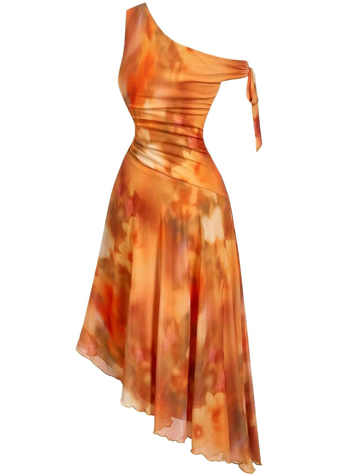 [Pre-Sale] Orange 1970s One-Shoulder Mesh Asymmetrical Hem Dress - Image 4