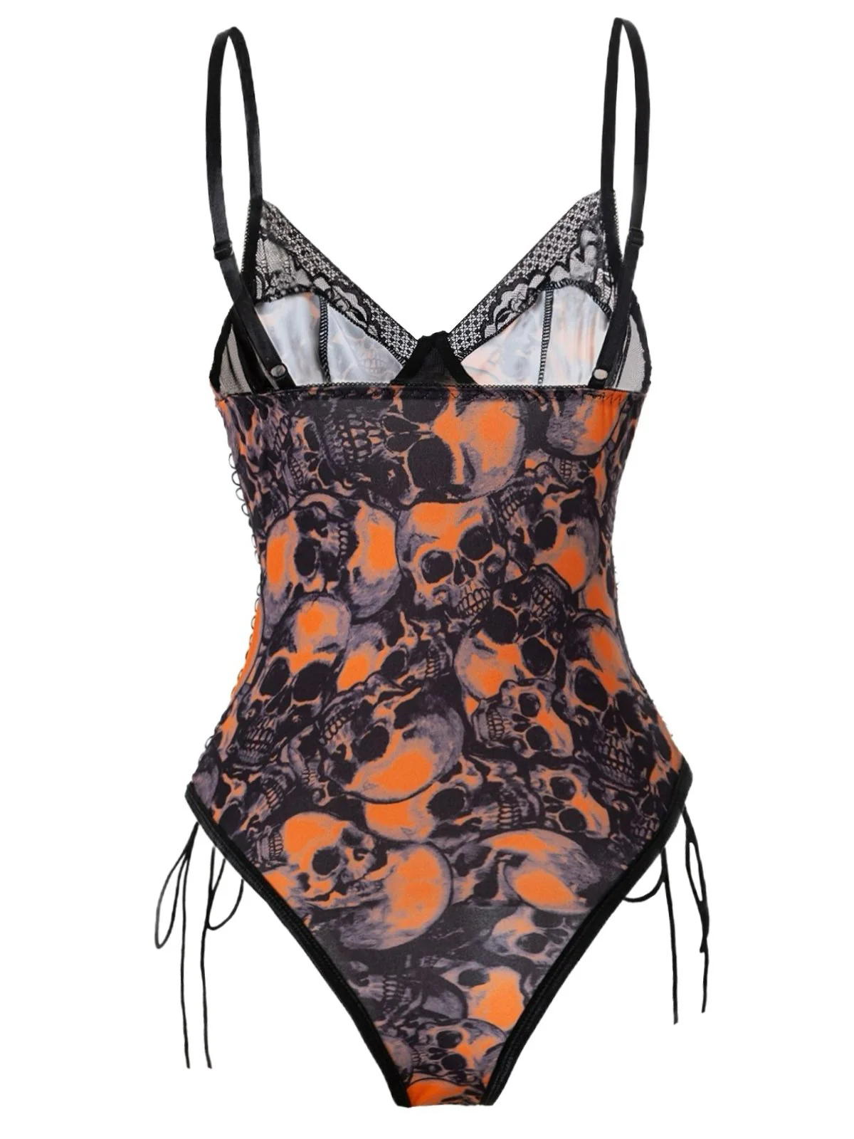 Orange 1970s Skull Lace Spaghetti Strap Bodysuit - Image 2