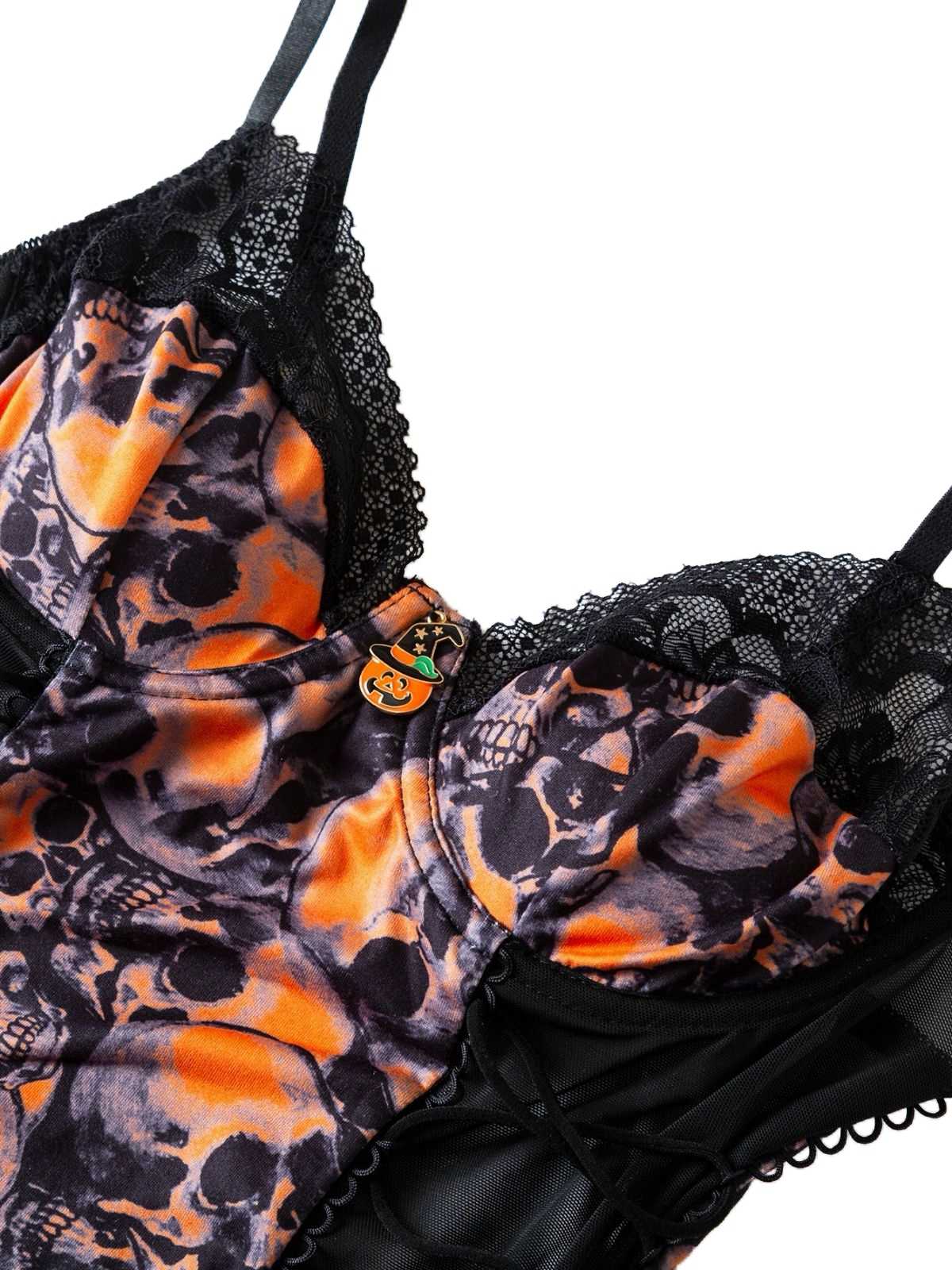 Orange 1970s Skull Lace Spaghetti Strap Bodysuit - Image 3
