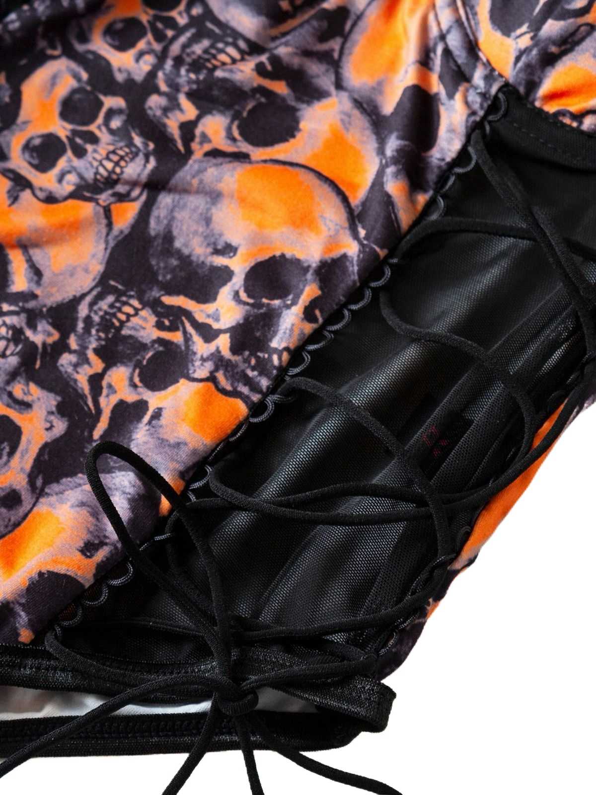 Orange 1970s Skull Lace Spaghetti Strap Bodysuit - Image 4