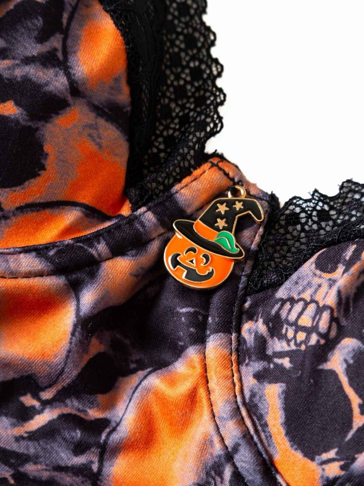 Orange 1970s Skull Lace Spaghetti Strap Bodysuit - Image 5