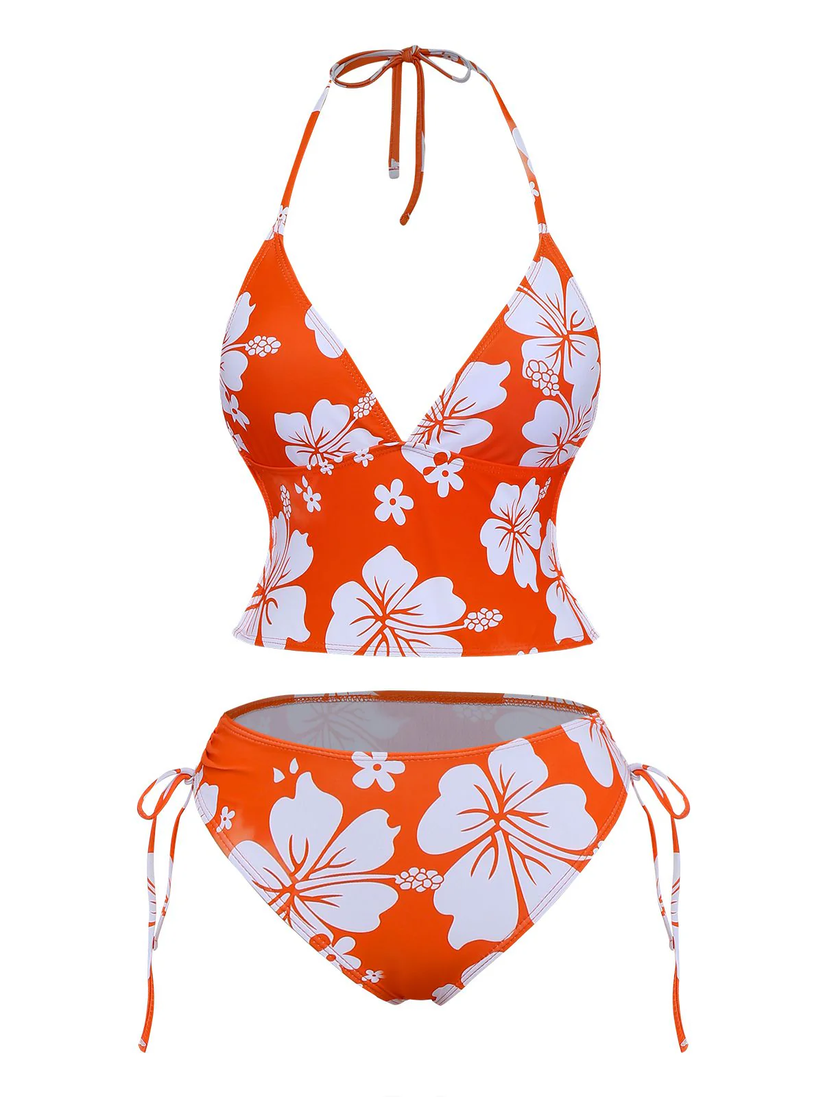 Orange 1970s Tropical Floral Halter Tie-Side Tankini Set - Image 2