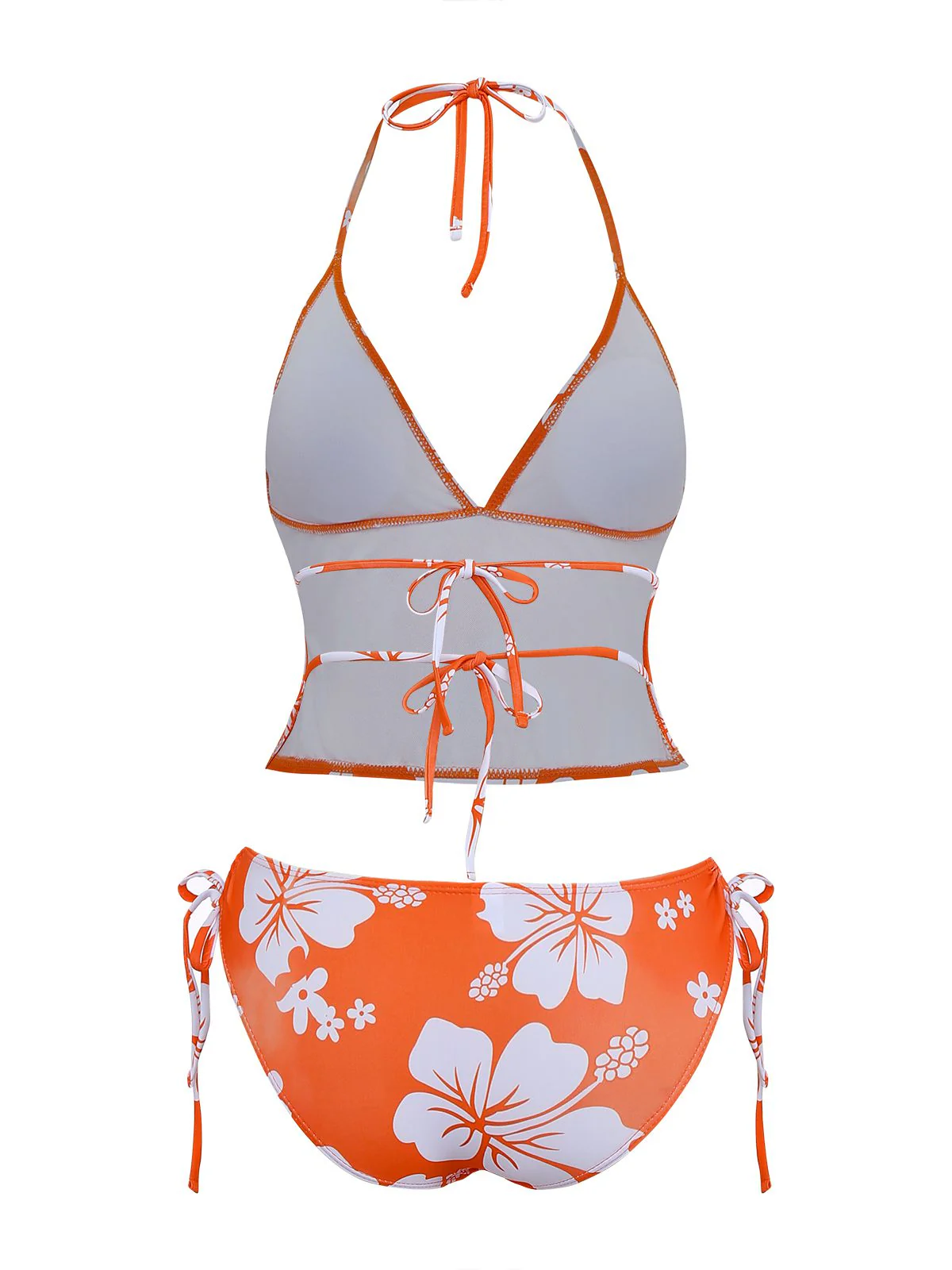 Orange 1970s Tropical Floral Halter Tie-Side Tankini Set - Image 3
