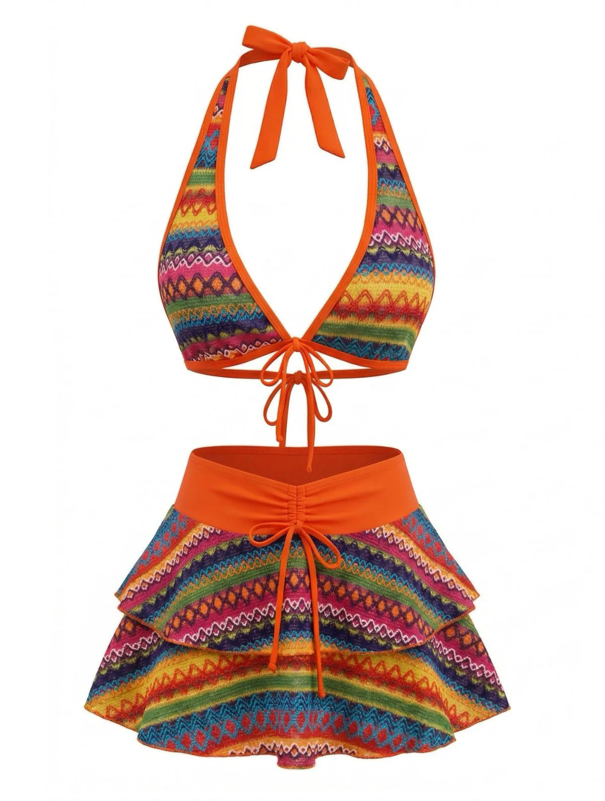 Orange 1980s Boho Irregular Bikini Set & Cover-Up - Image 2