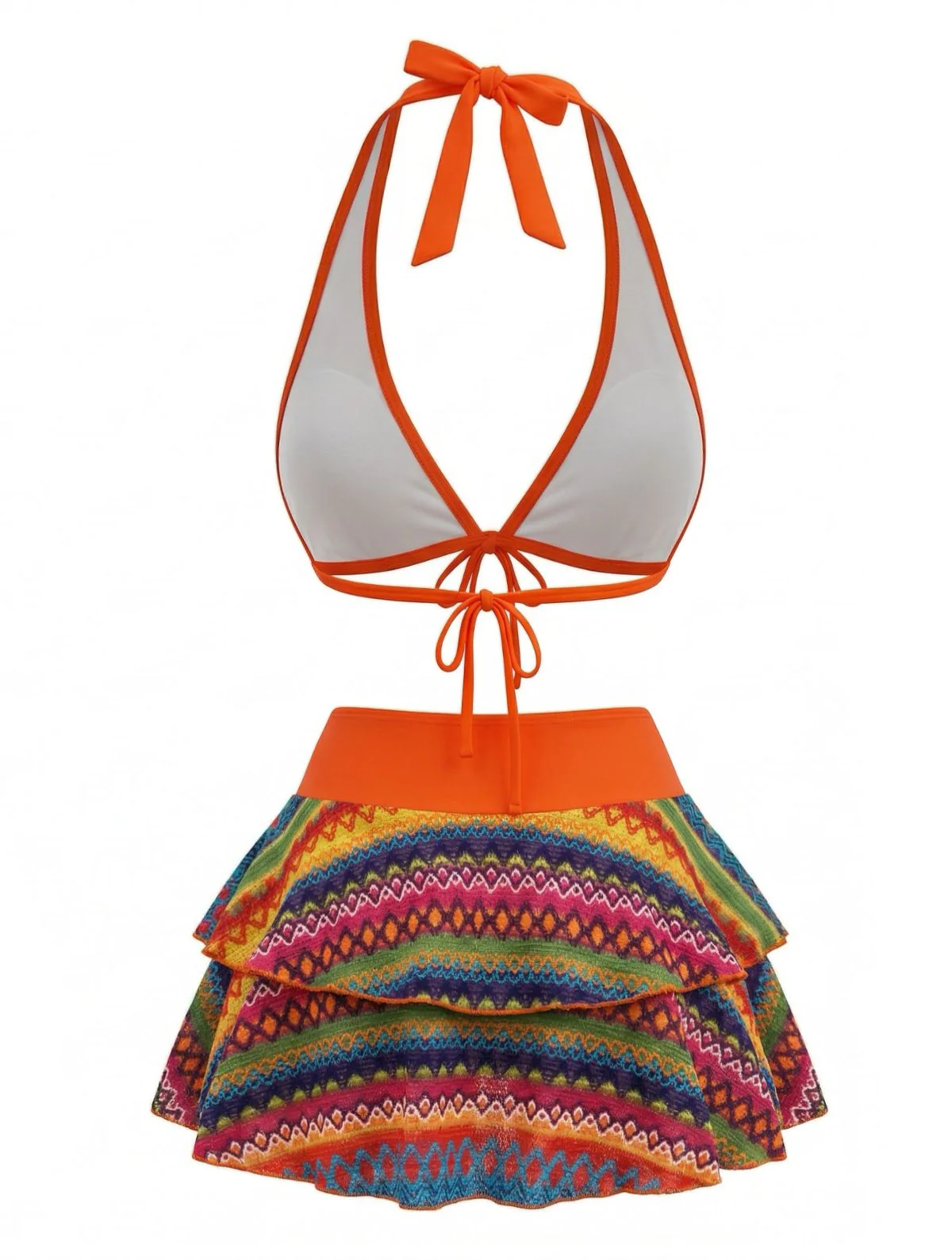 Orange 1980s Boho Irregular Bikini Set & Cover-Up - Image 3