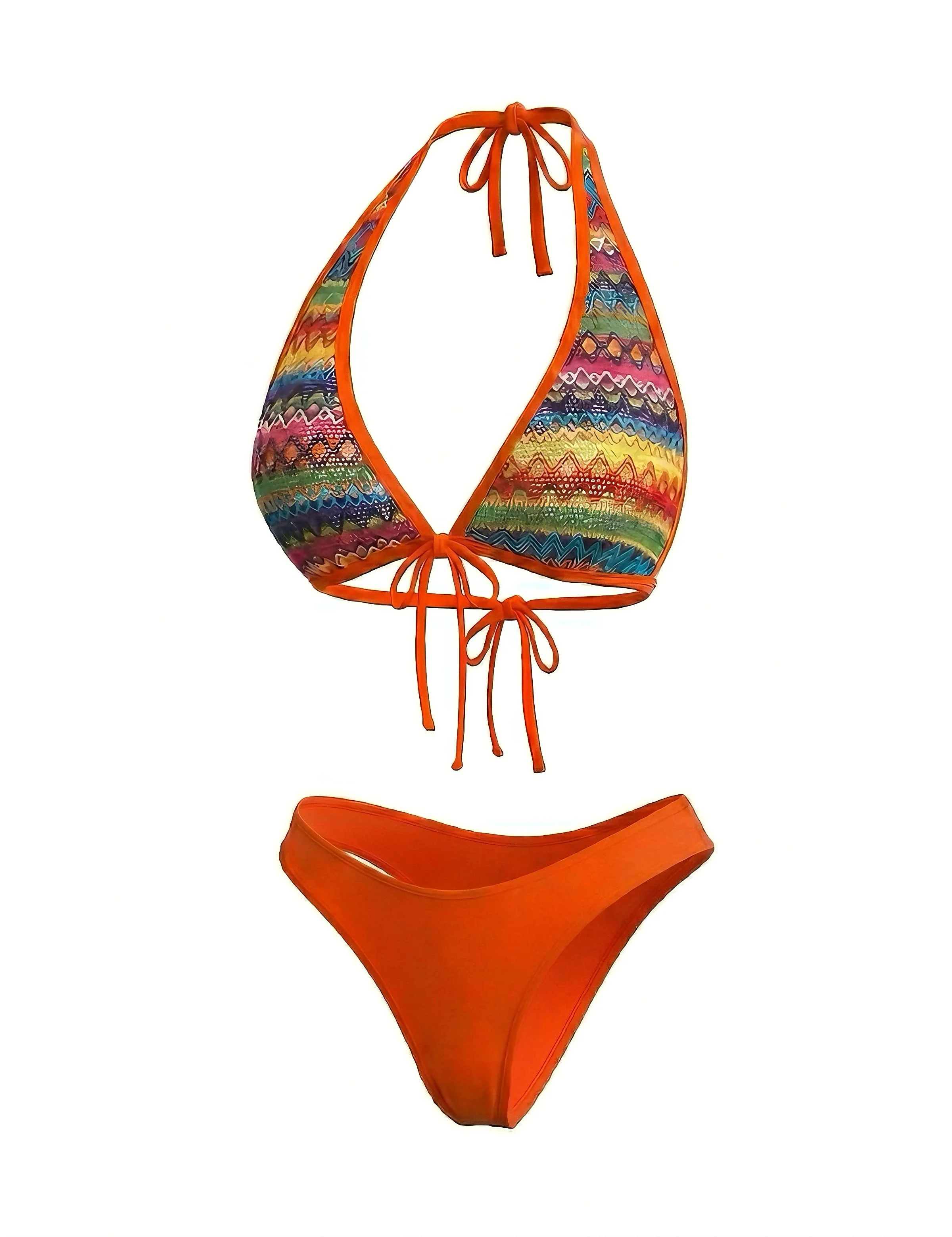 Orange 1980s Boho Irregular Bikini Set & Cover-Up - Image 4