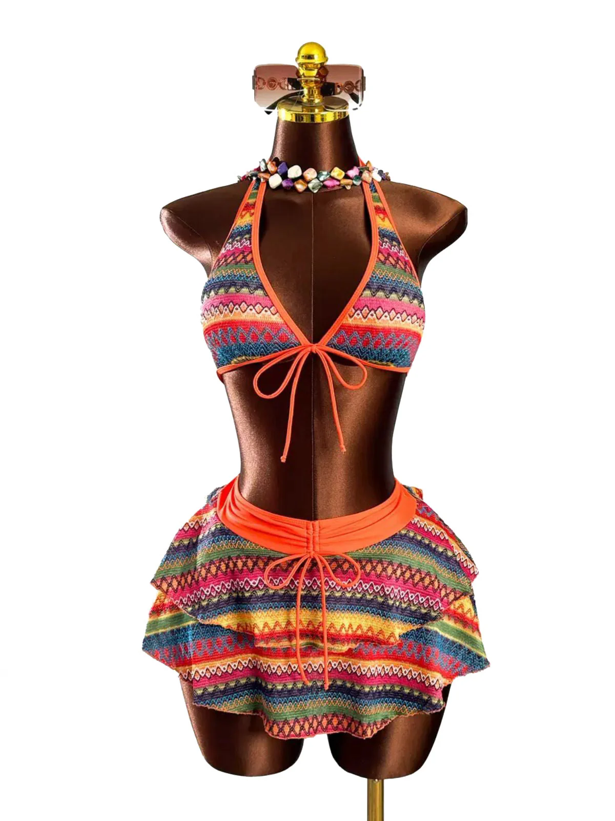 Orange 1980s Boho Irregular Bikini Set & Cover-Up - Image 6