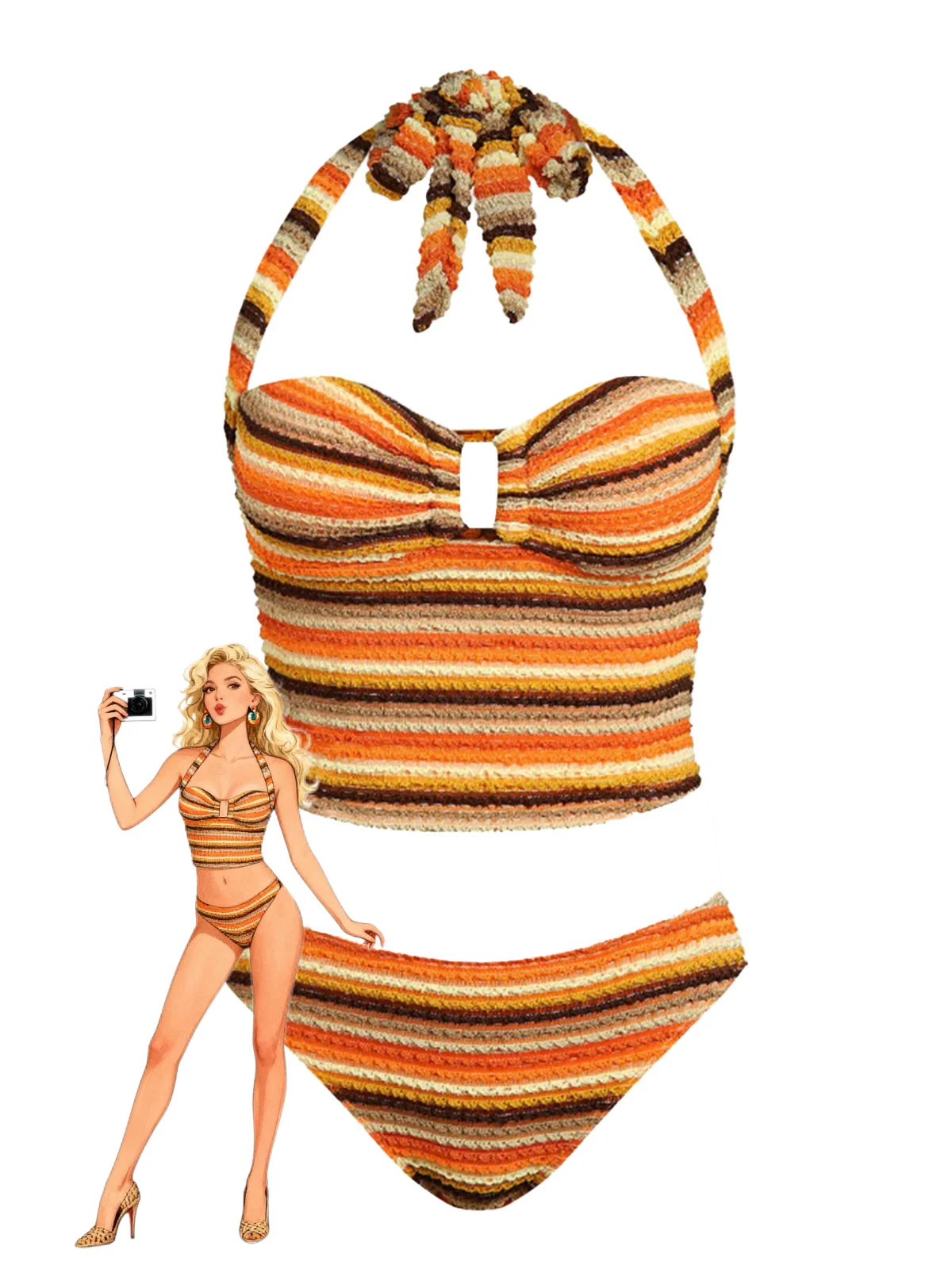 Orange 1980s Knit Striped Halter Swimsuit - Image 2