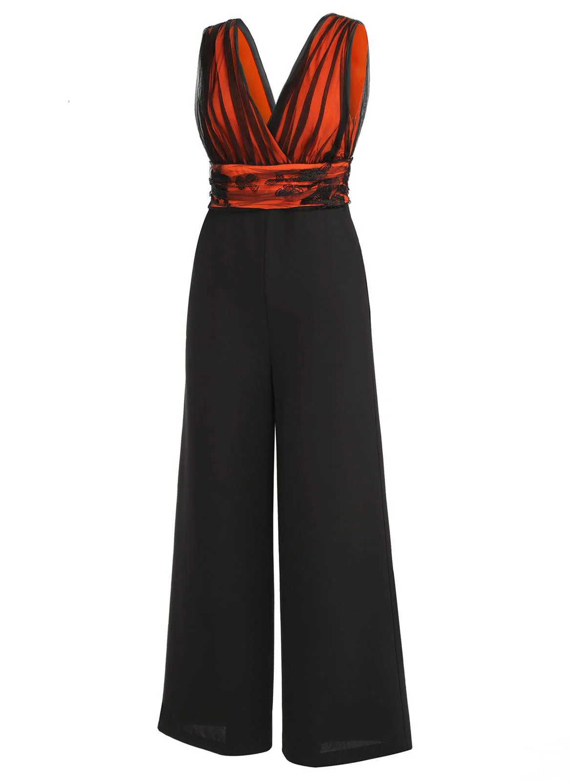 Orange 1930s Butterfly V-Neck Patchwork Jumpsuit - Image 3