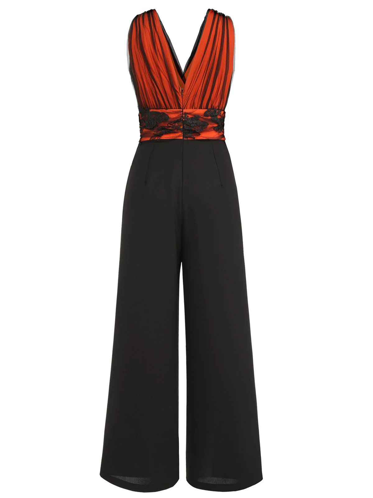 Orange 1930s Butterfly V-Neck Patchwork Jumpsuit - Image 4
