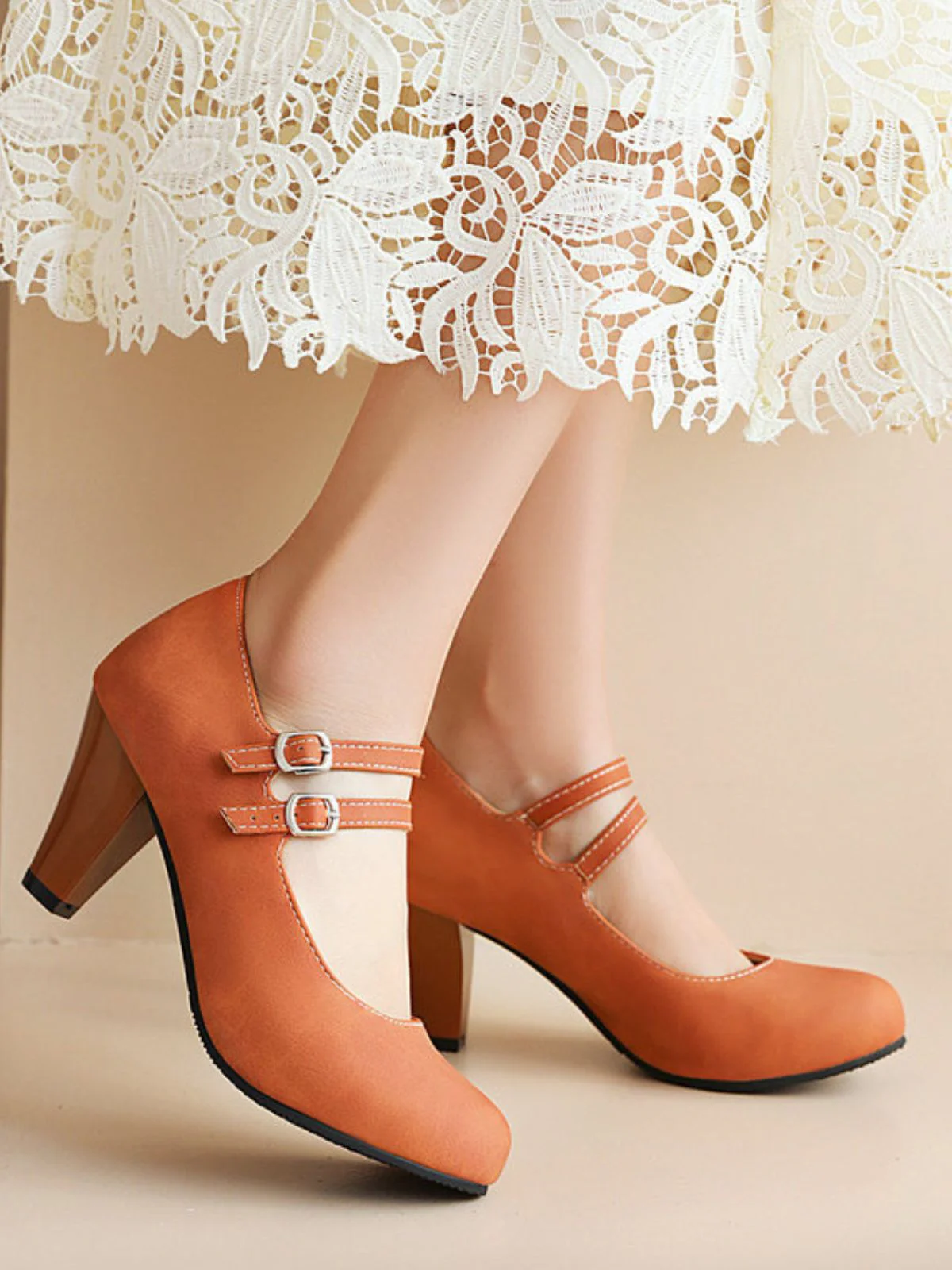 Orange Double Buckle Strap Mary Jane Heels Shoes - Image 2