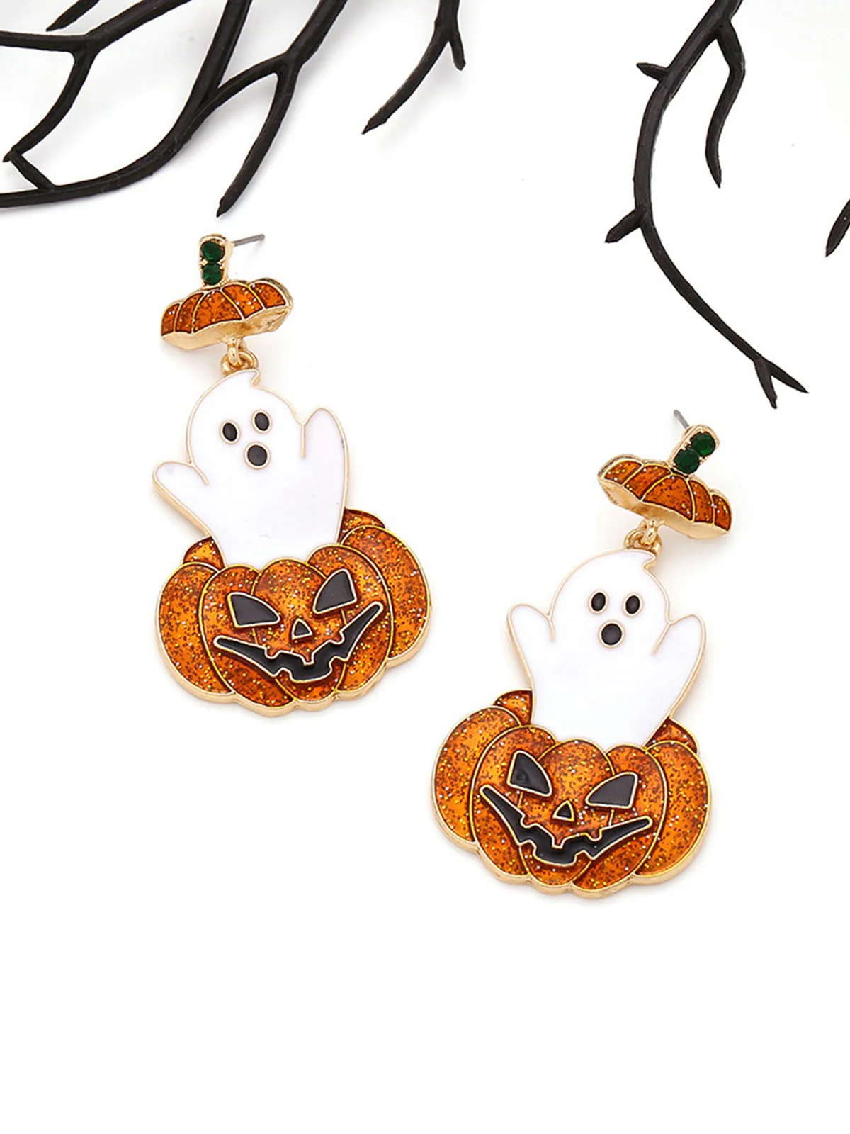 Orange Halloween Ghost & Pumpkin Earrings - Image 2