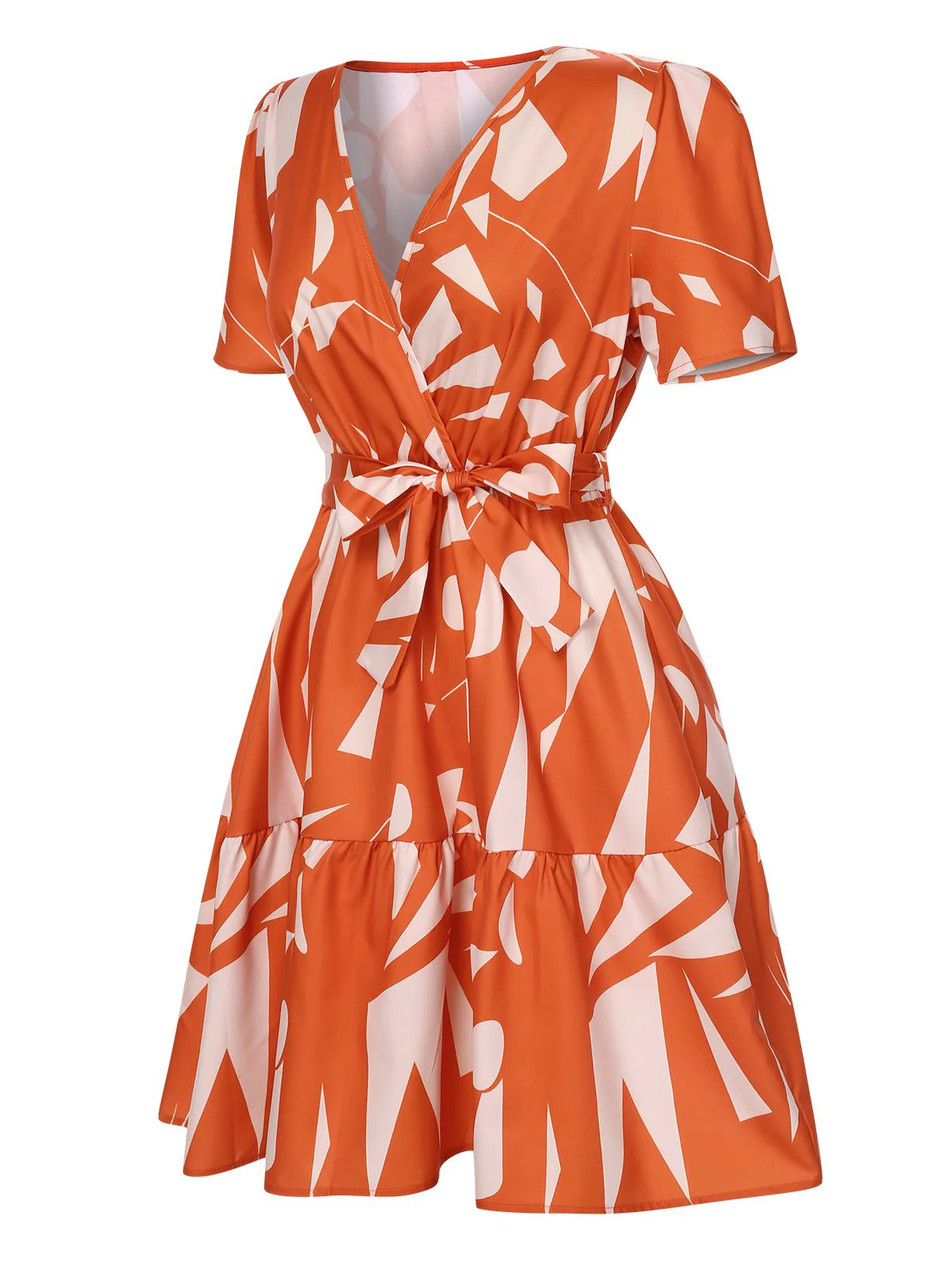 Orange Red 1940s Geometric Surplice V-Neck Dress - Image 2