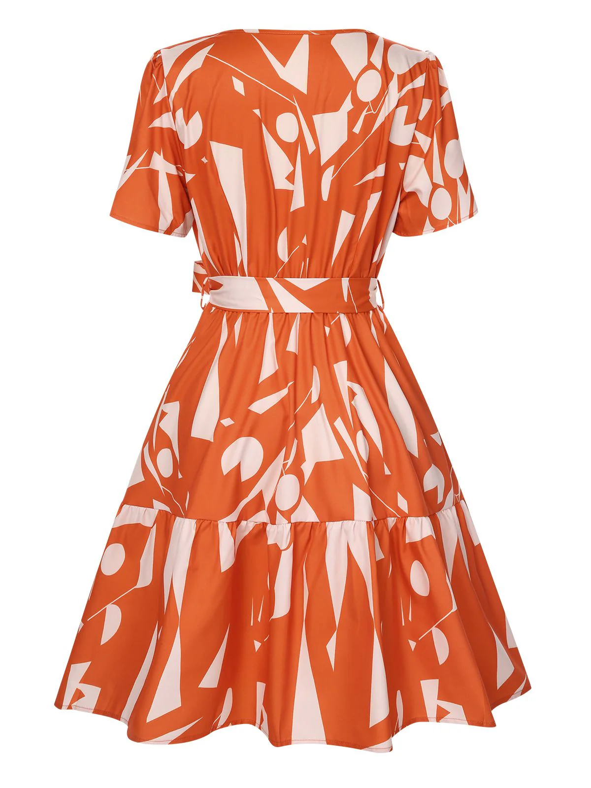 Orange Red 1940s Geometric Surplice V-Neck Dress - Image 3