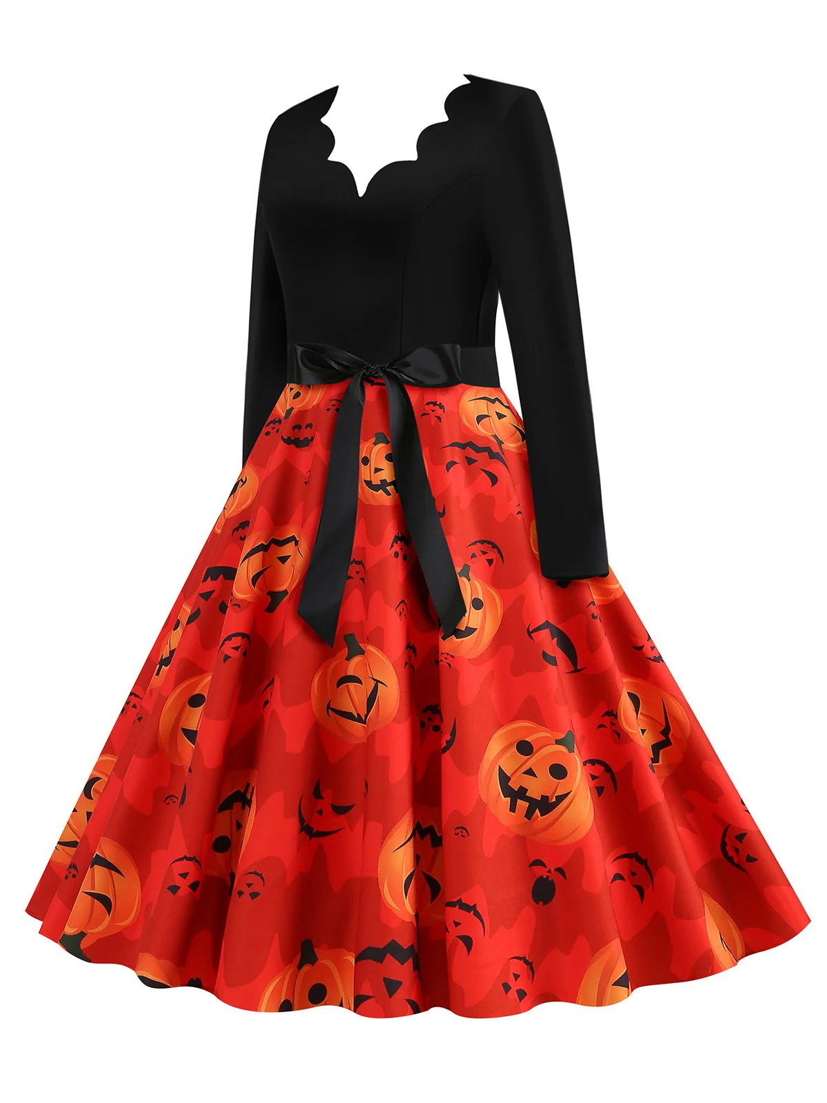 Orange Red 1950s Halloween Petal Neck Pumpkin Dress - Image 2