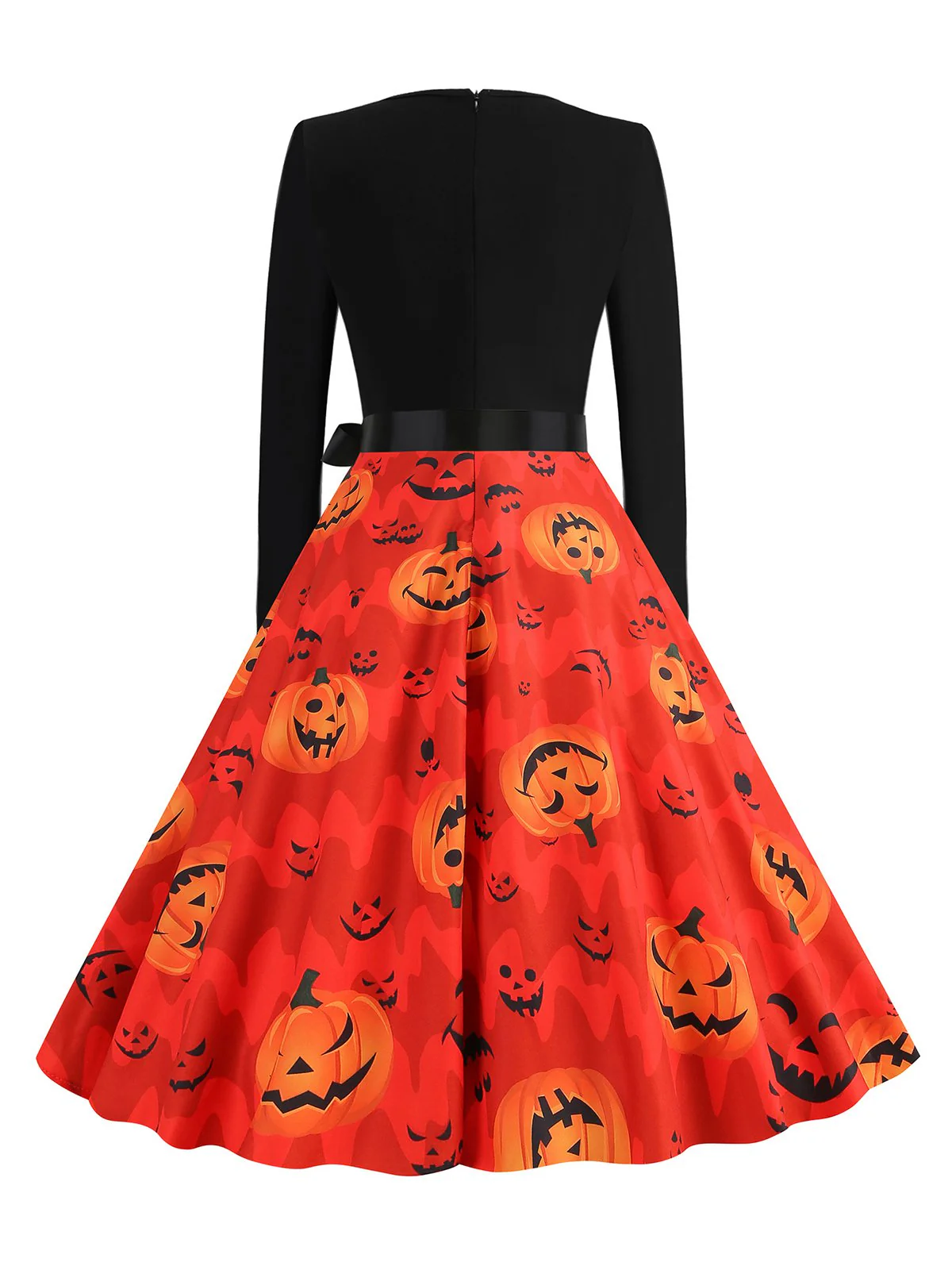 Orange Red 1950s Halloween Petal Neck Pumpkin Dress - Image 3