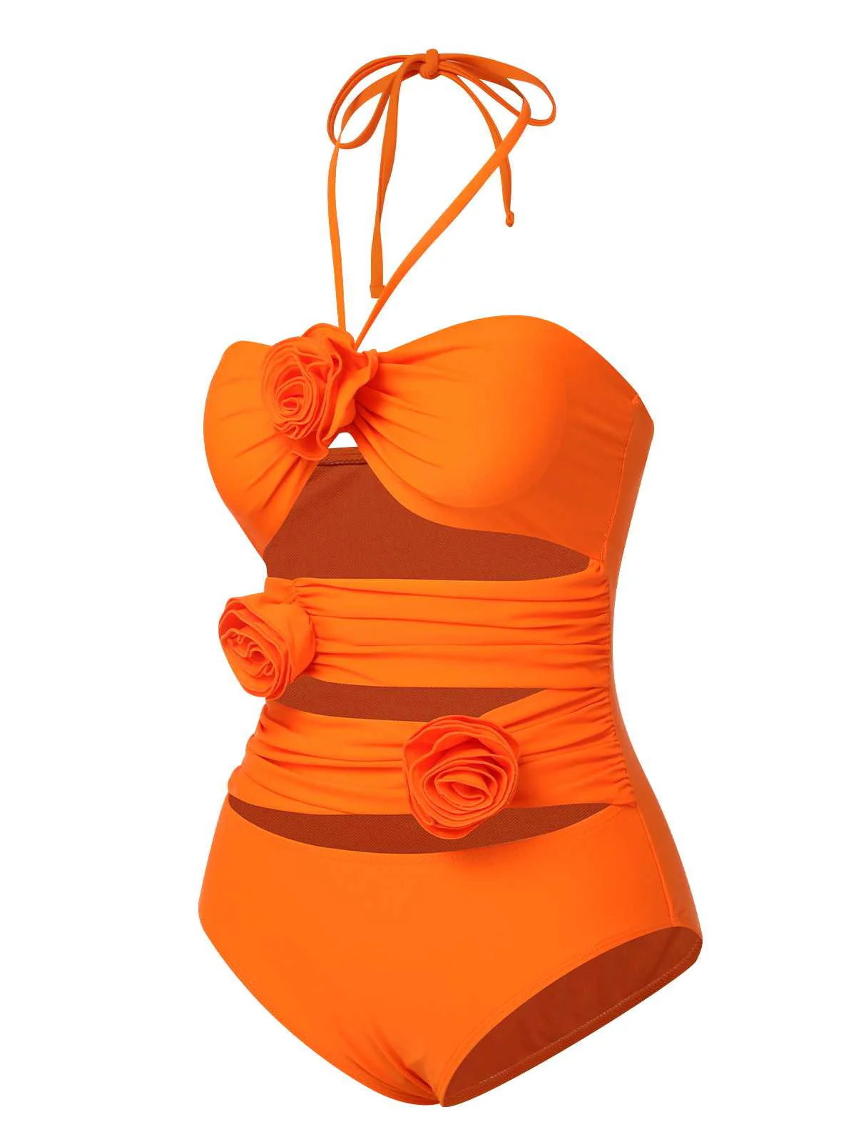 Orange Red 1950s Halter 3D Flower One-Piece Swimsuit - Image 2