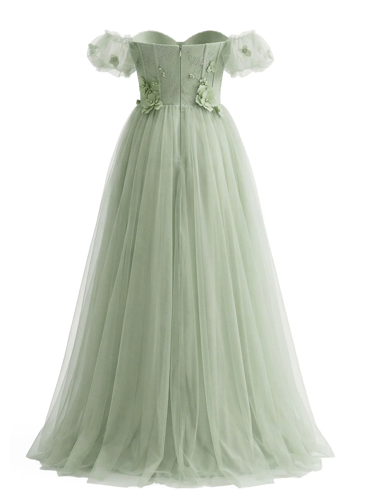 Pale Green 1930s Floral Mesh Off-Shoulder Swing Dress - Image 3