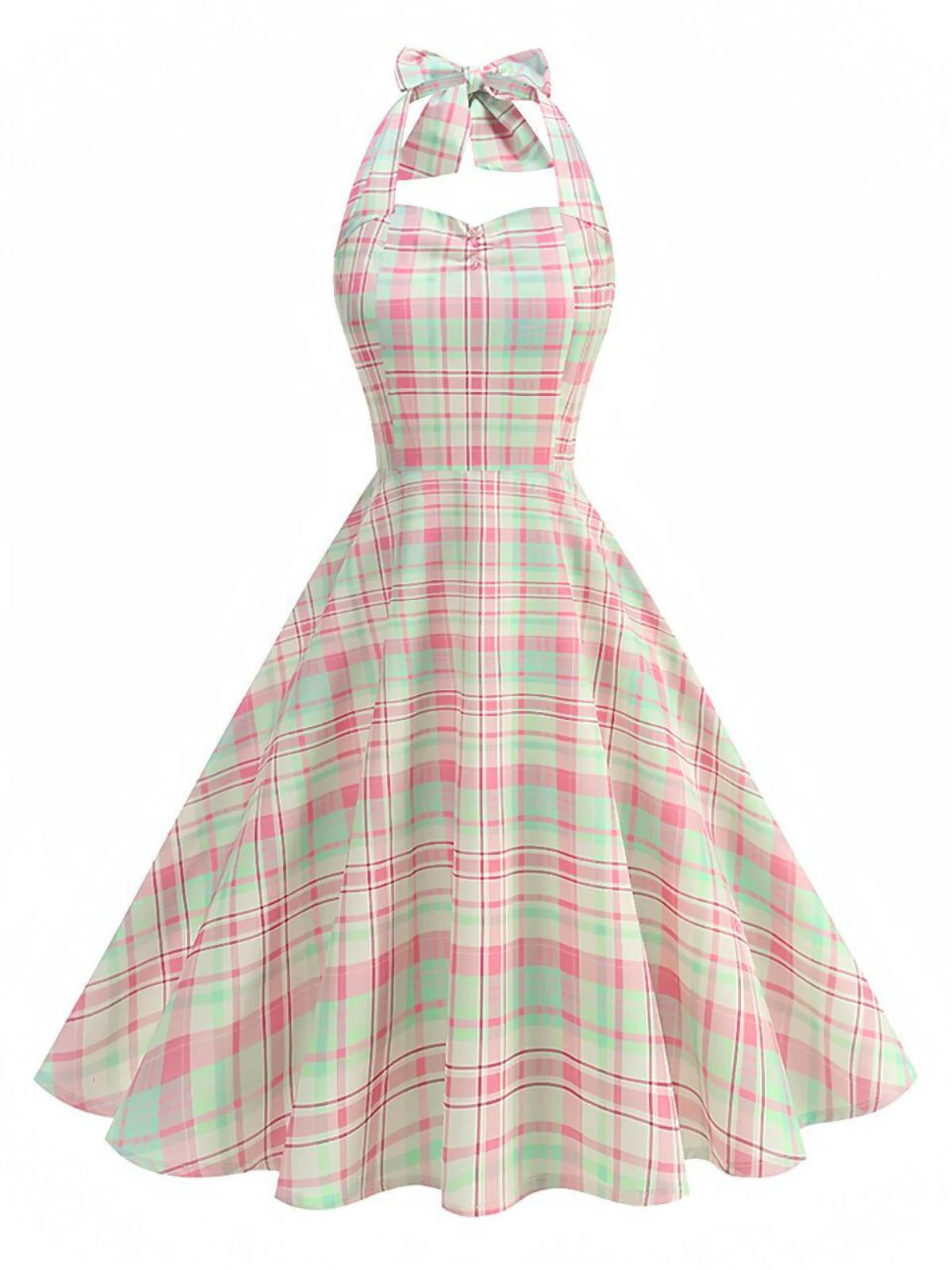Pale Pink 1950s Plaid Halter Backless Dress - Image 2