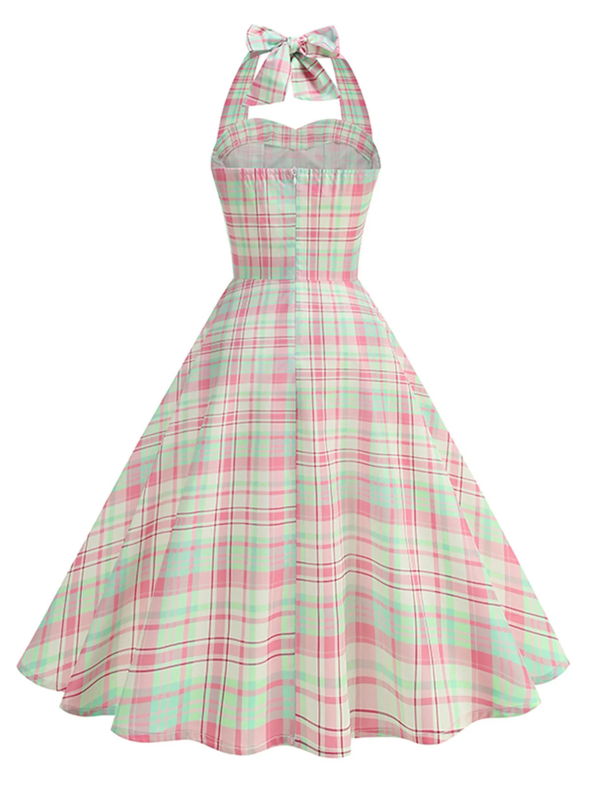 Pale Pink 1950s Plaid Halter Backless Dress - Image 3
