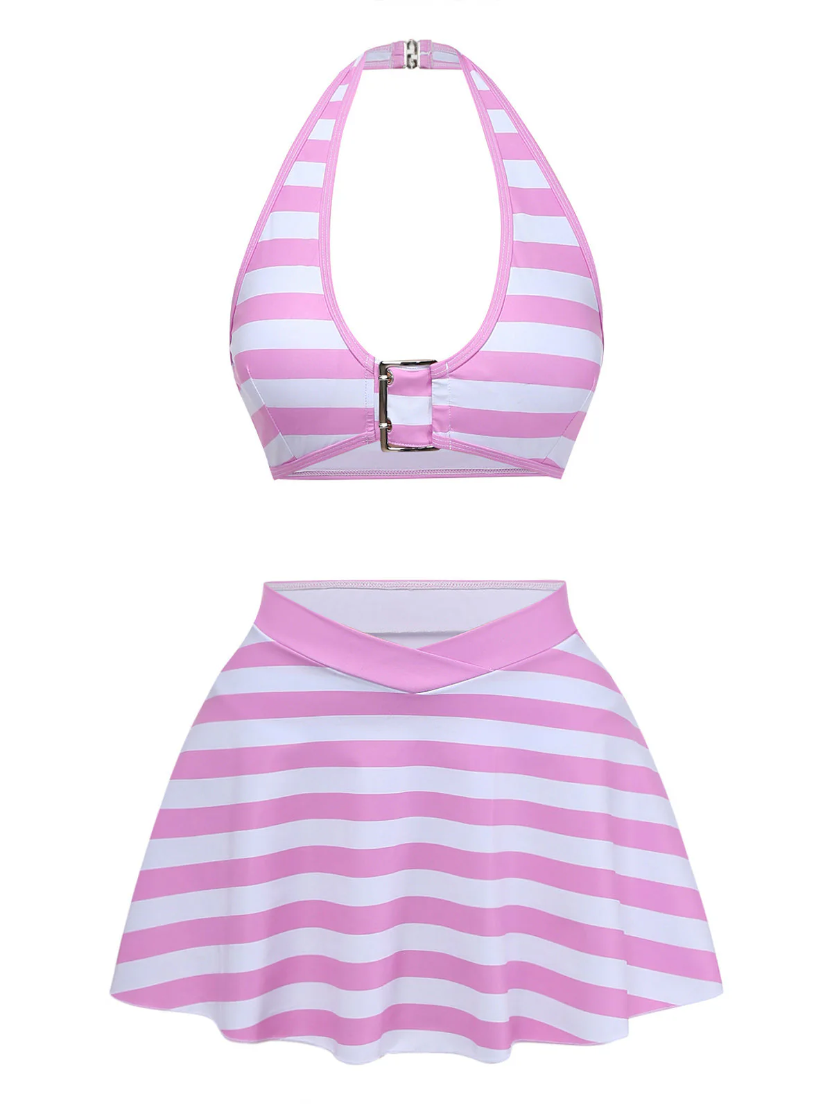 [Pre-Sale] Pale Pink 1950s Striped Halter Ruffle Bikini Set - Image 2