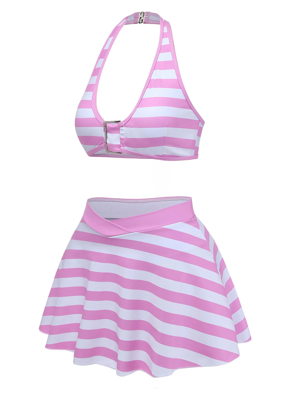 [Pre-Sale] Pale Pink 1950s Striped Halter Ruffle Bikini Set - Image 3