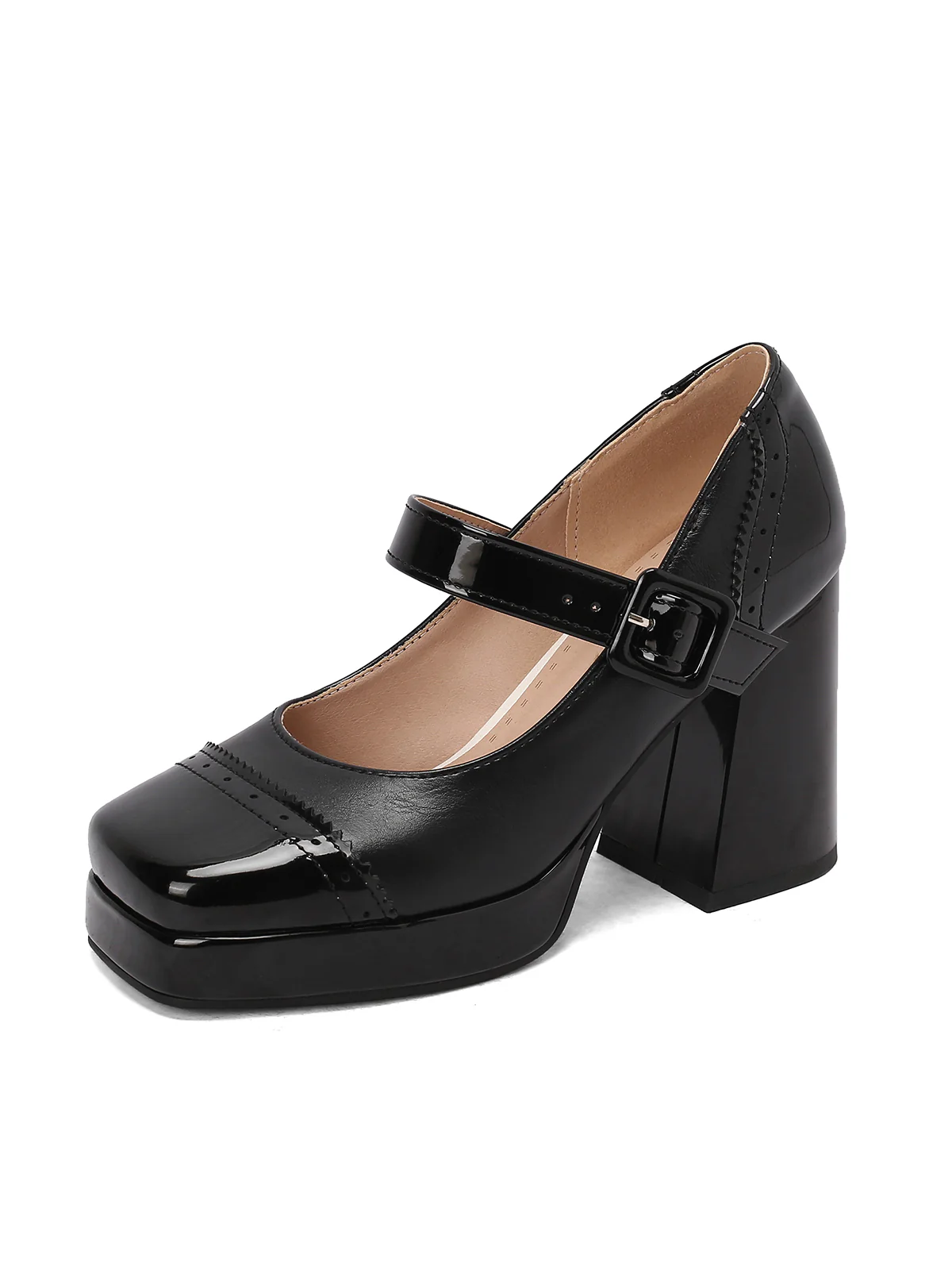 Patent Leather Block Heel Square Toe High Heels - Image 2