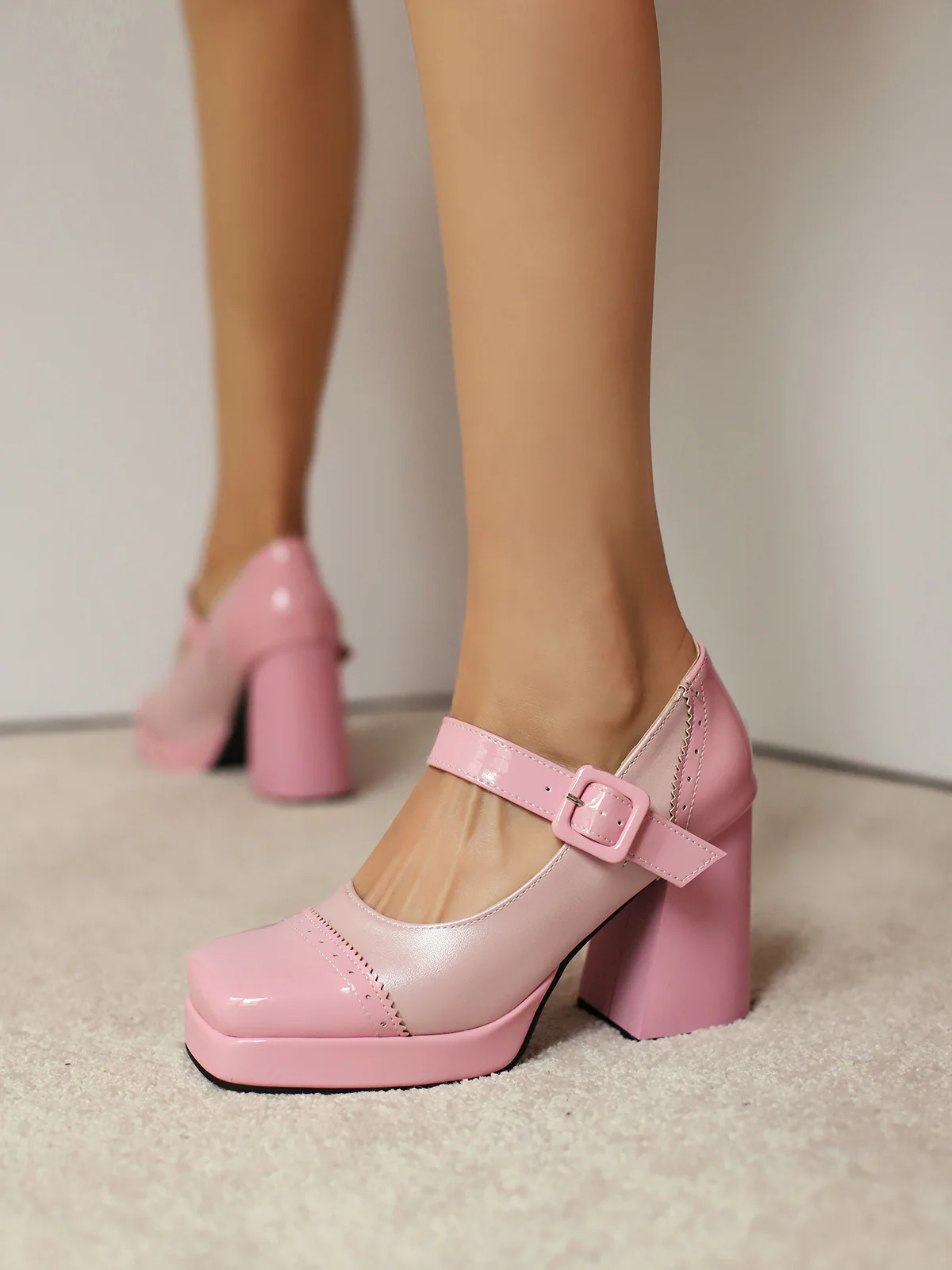 Patent Leather Block Heel Square Toe High Heels - Image 7