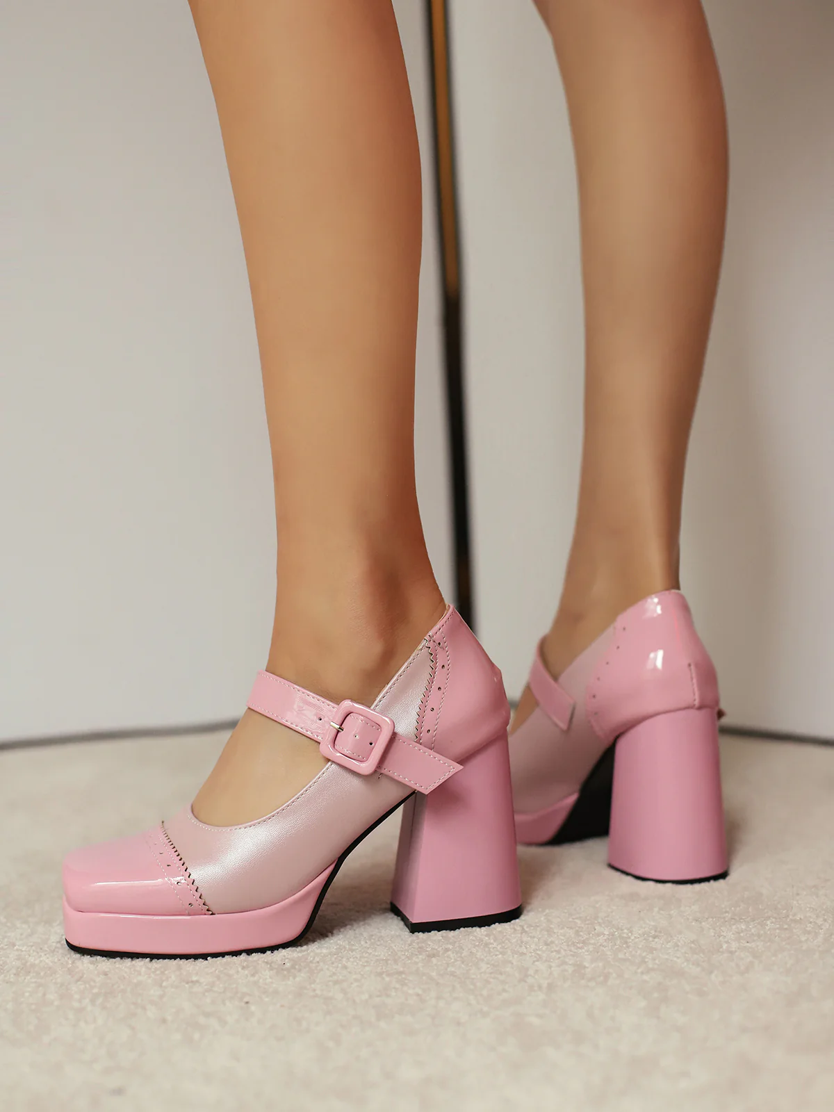 Patent Leather Block Heel Square Toe High Heels - Image 8