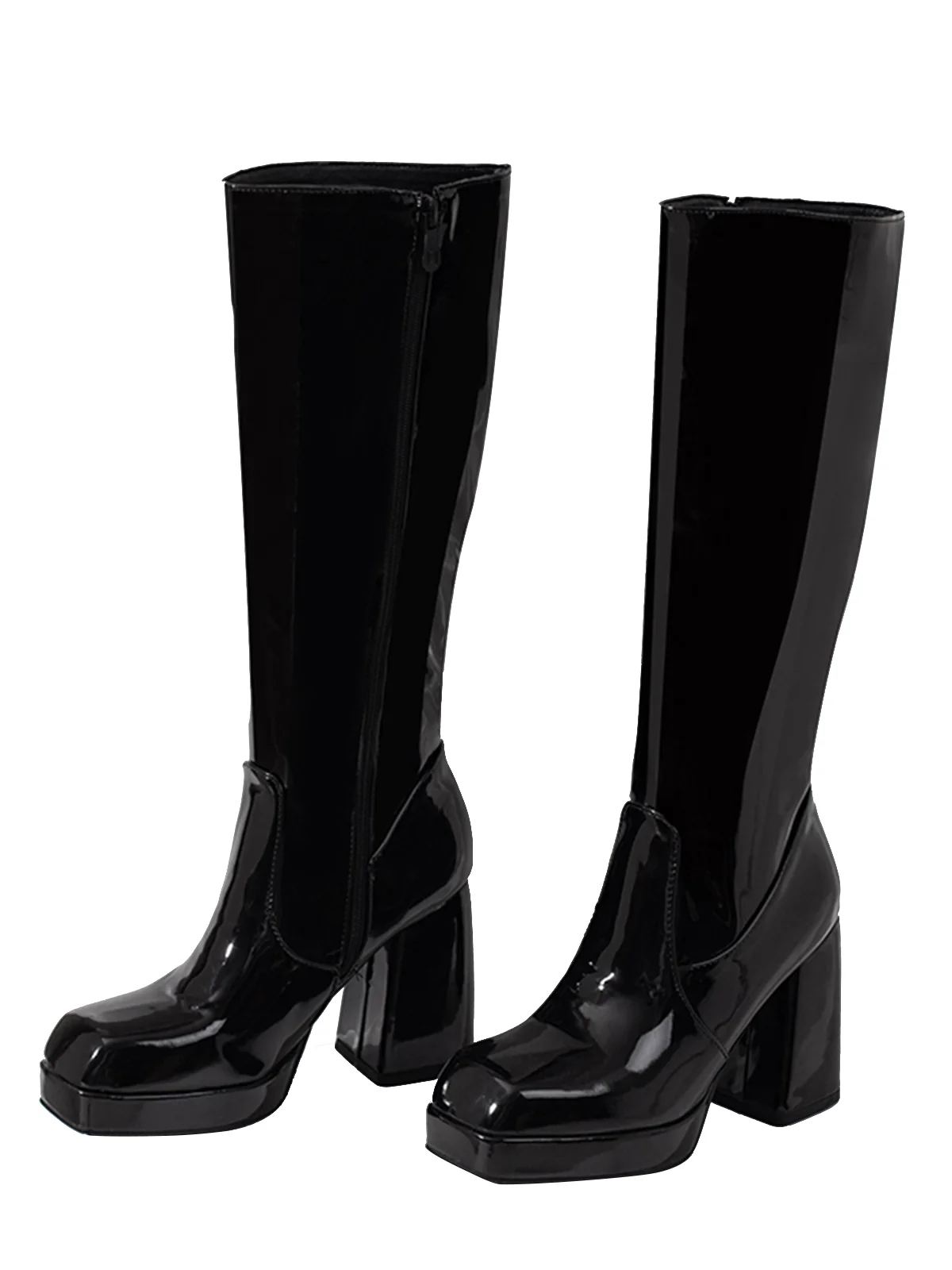 Patent Leather Round Toe Solid High Heel Boots - Image 11