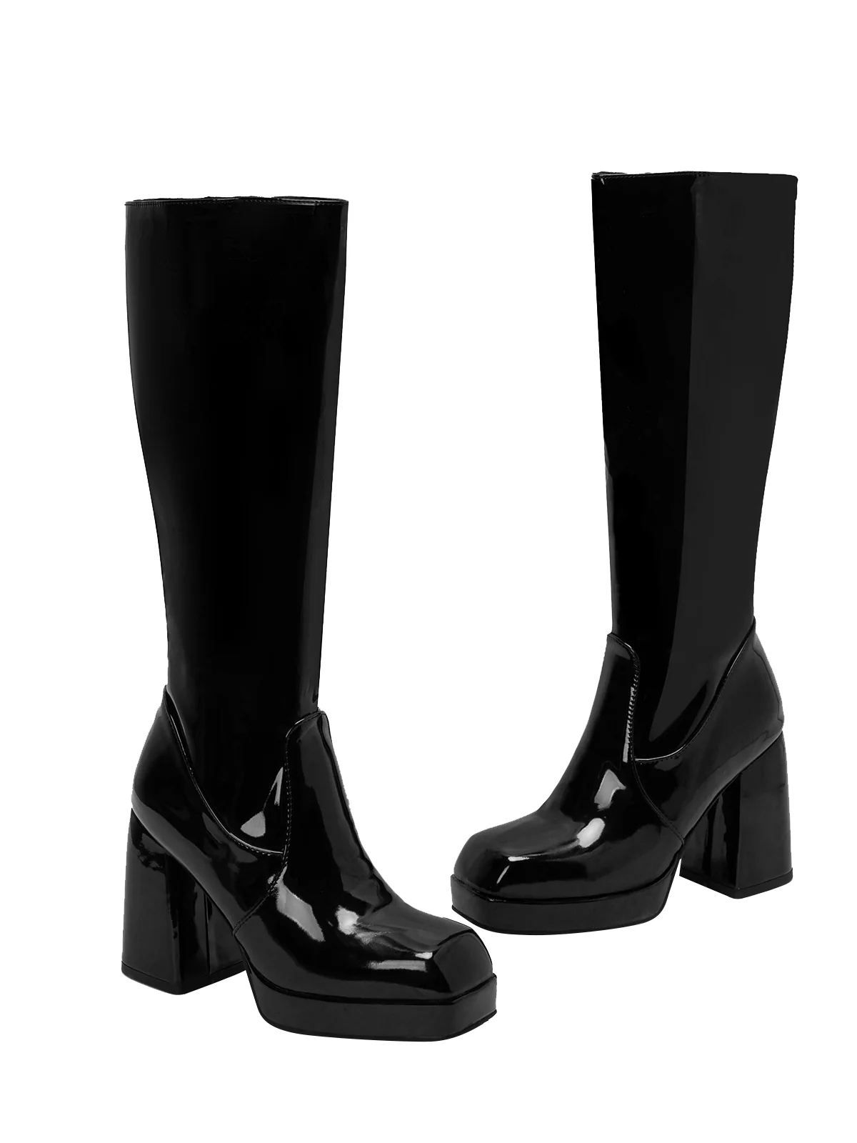 Patent Leather Round Toe Solid High Heel Boots - Image 12