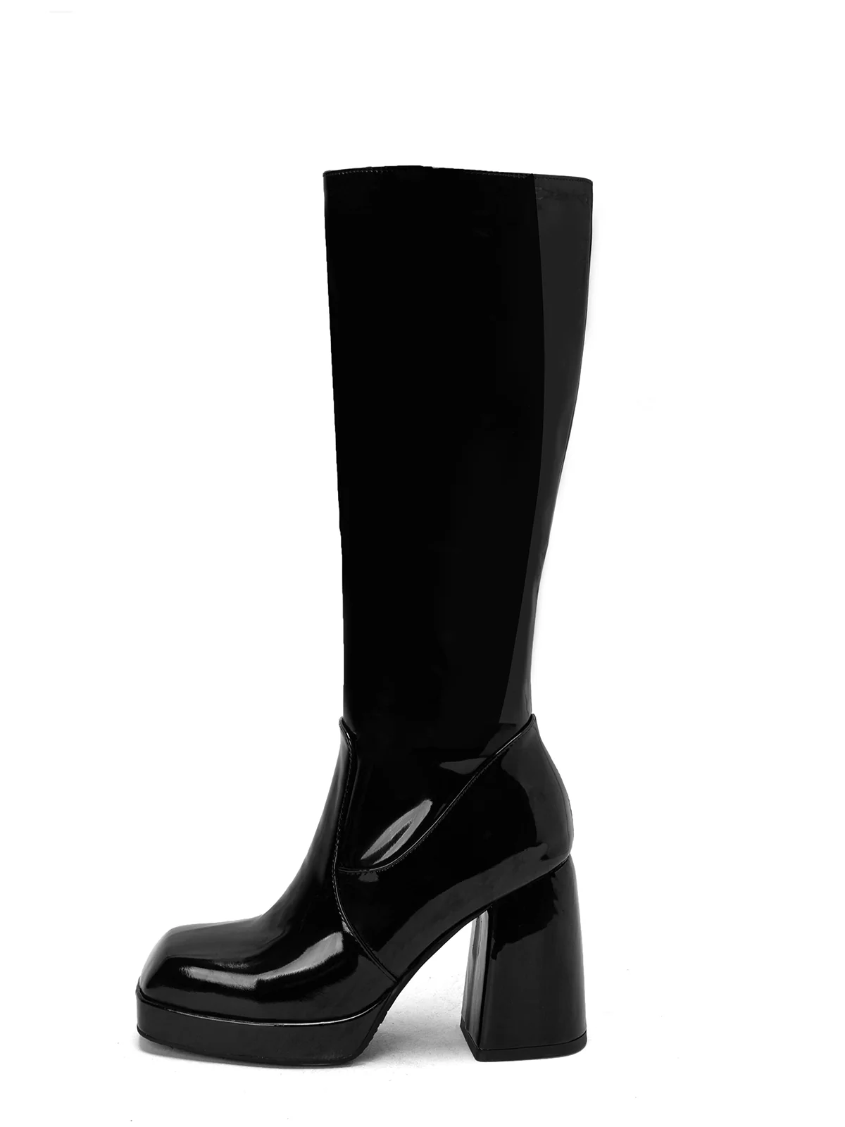 Patent Leather Round Toe Solid High Heel Boots - Image 14