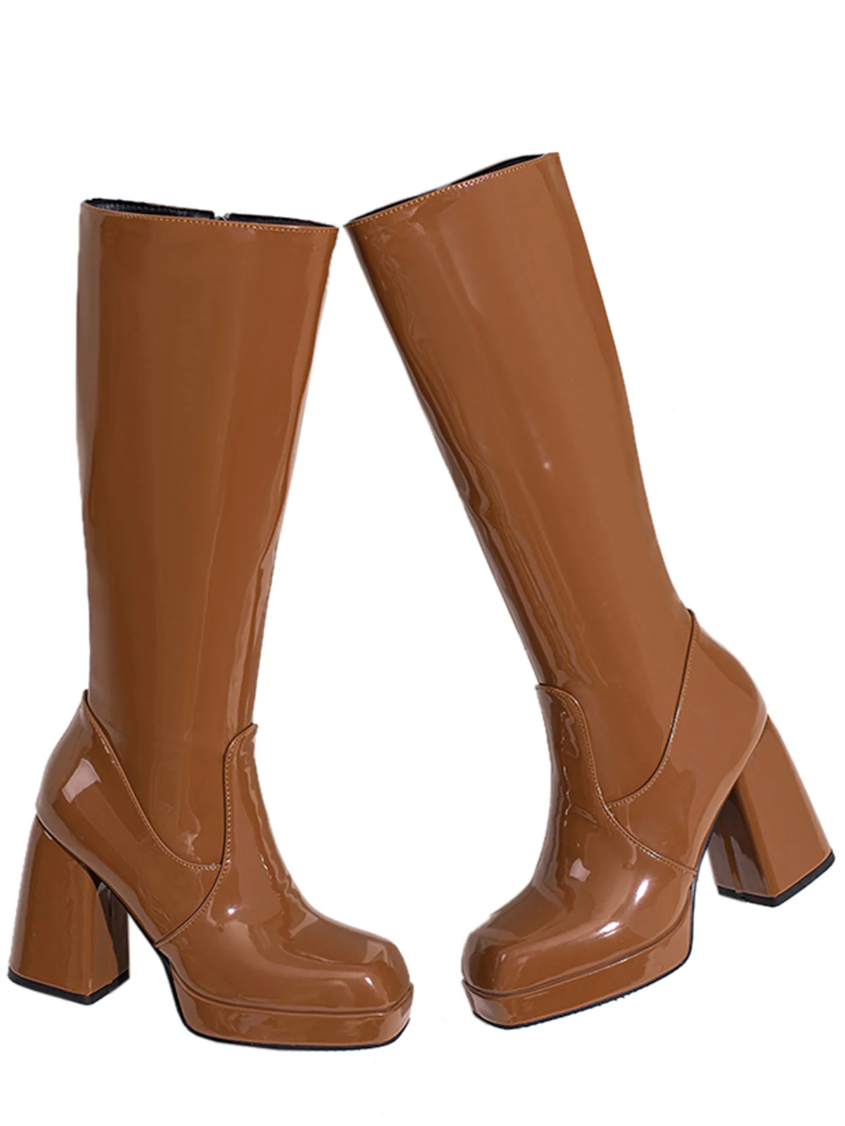 Patent Leather Round Toe Solid High Heel Boots - Image 19