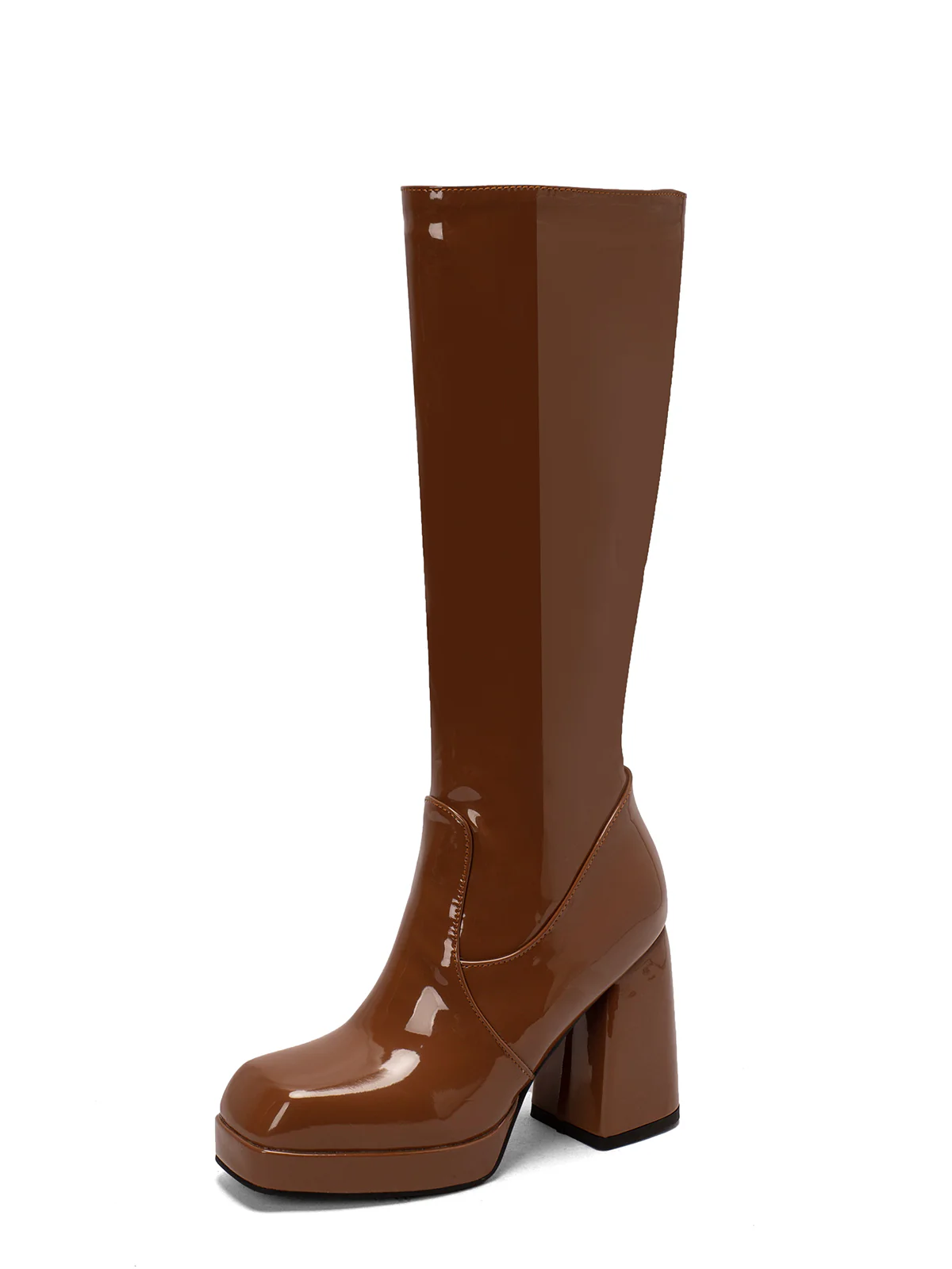 Patent Leather Round Toe Solid High Heel Boots - Image 21