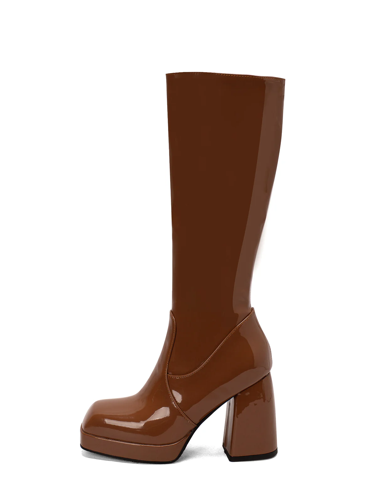 Patent Leather Round Toe Solid High Heel Boots - Image 22