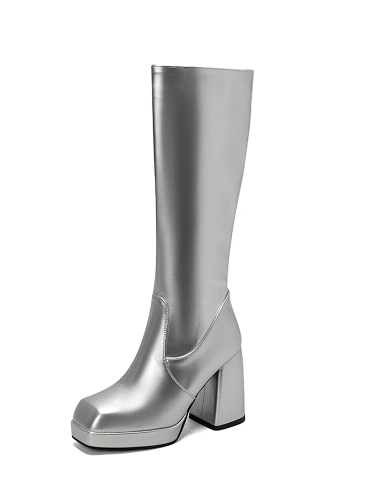 Patent Leather Round Toe Solid High Heel Boots - Image 23