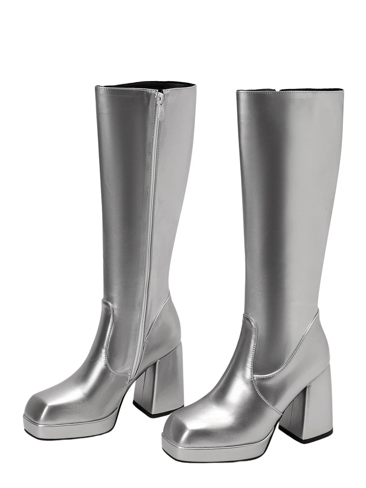 Patent Leather Round Toe Solid High Heel Boots - Image 24