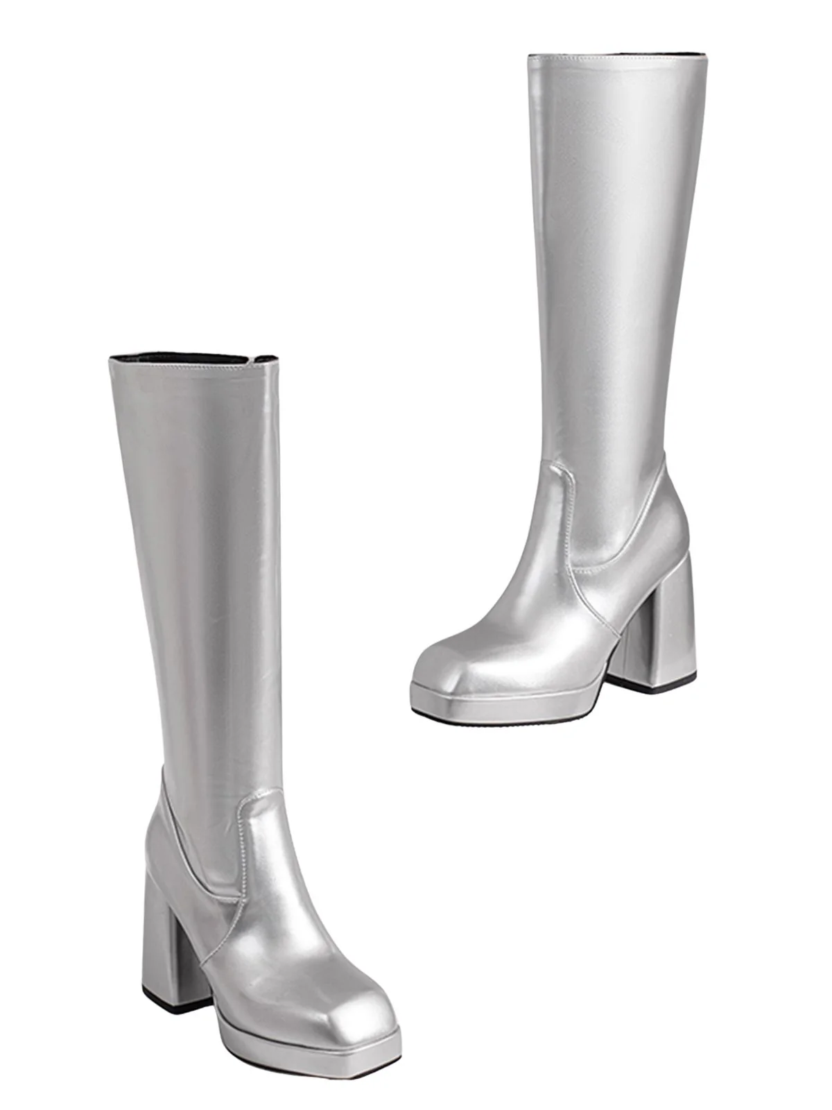Patent Leather Round Toe Solid High Heel Boots - Image 25