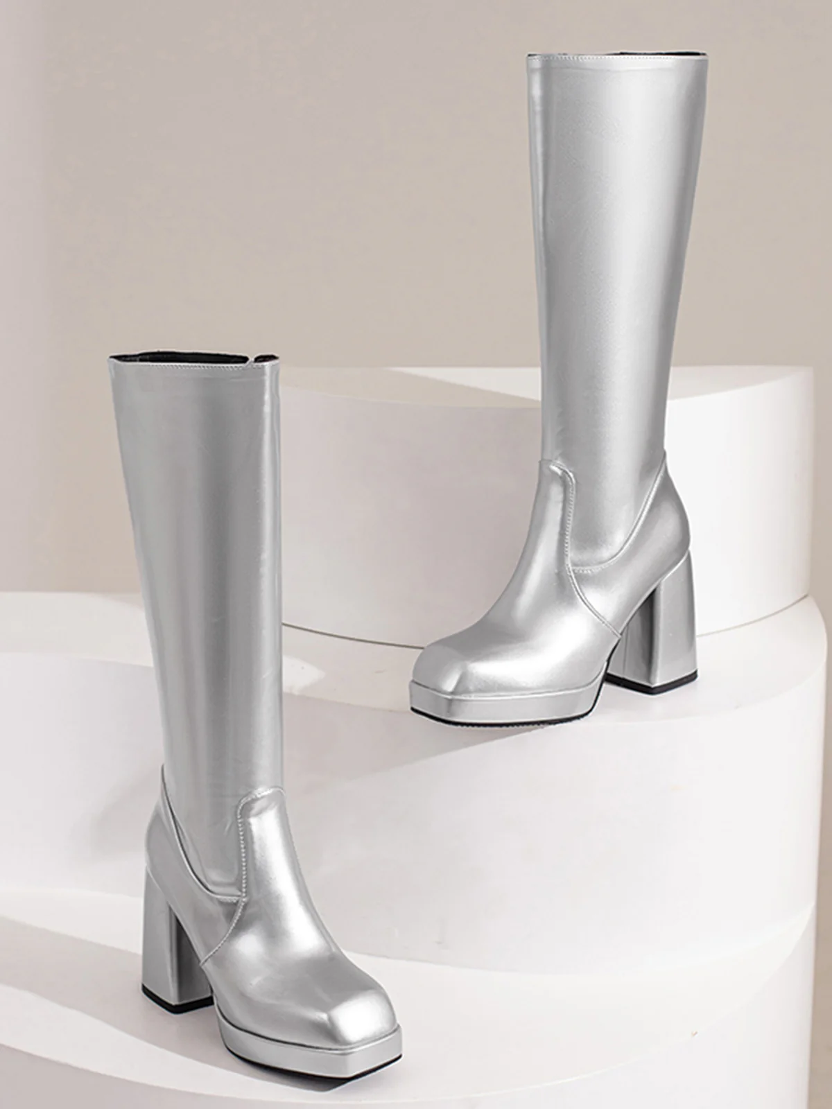 Patent Leather Round Toe Solid High Heel Boots - Image 28